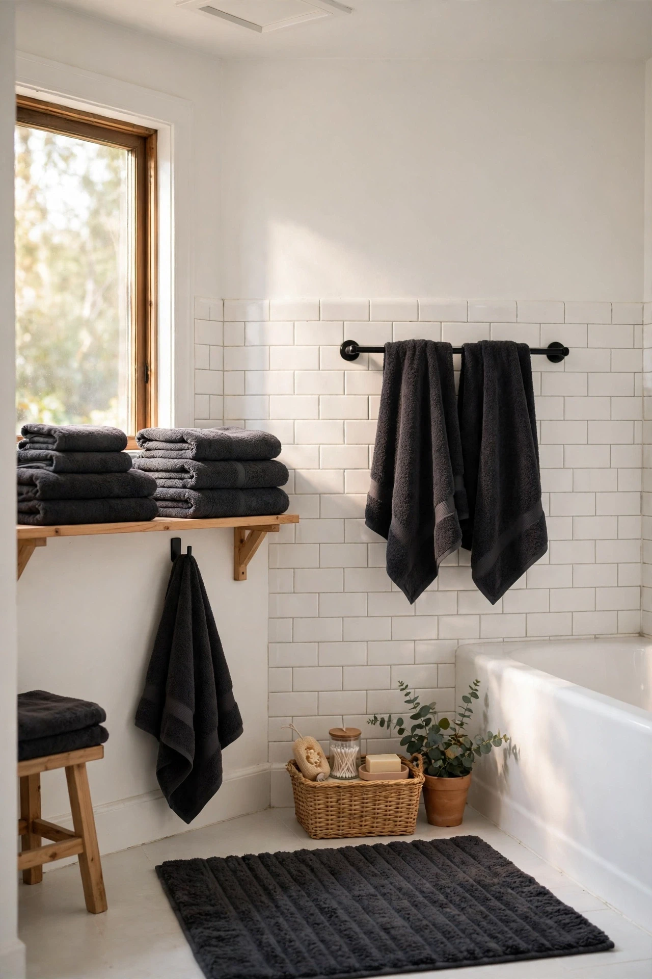 Dark towels and a charcoal bath mat ground a white bathroom in minutes, and they hide the everyday marks that white towels show.
