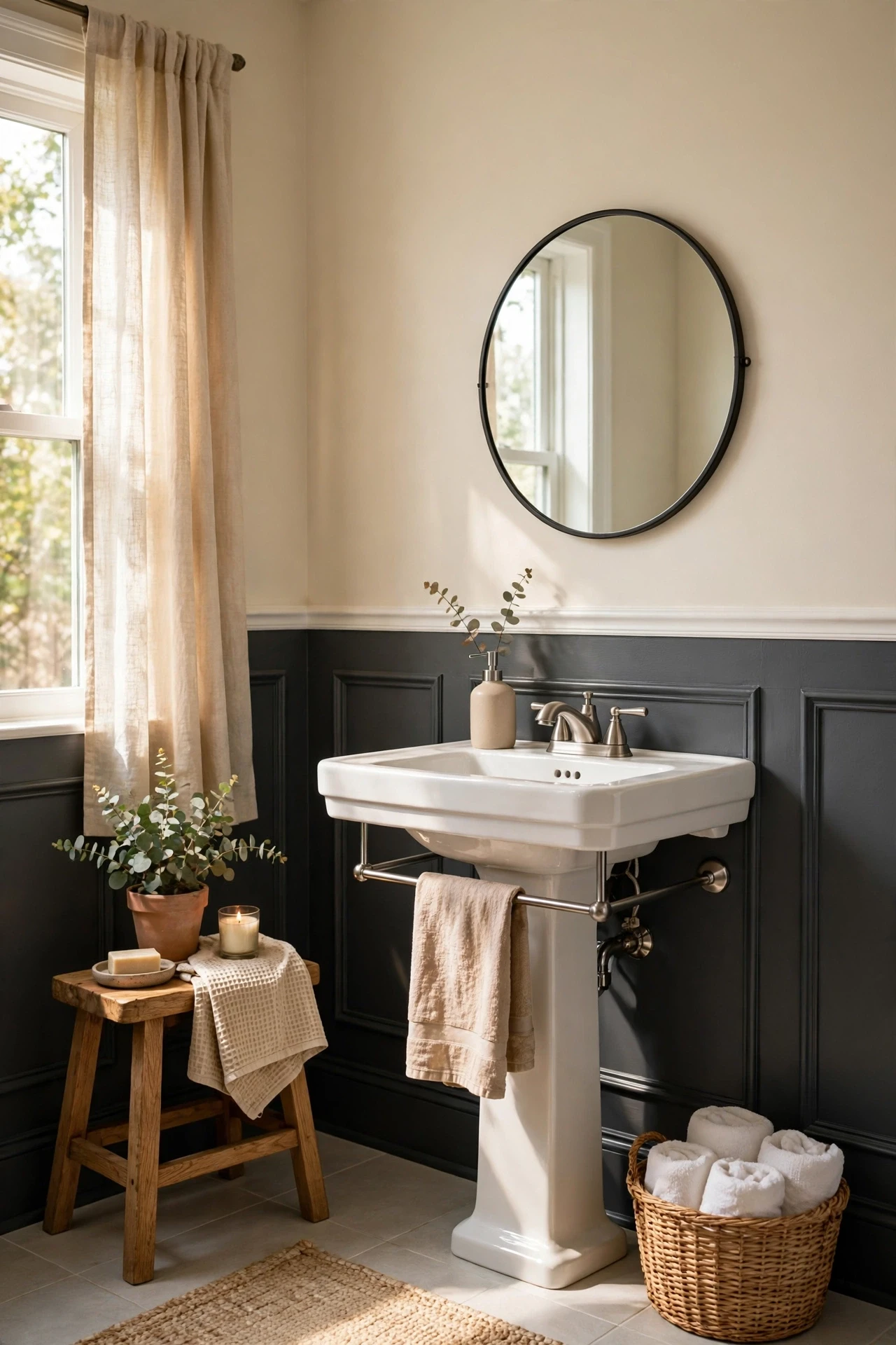 Charcoal wainscoting with a crisp white chair rail above it gives a builder-grade bathroom the structure of a much pricier room.