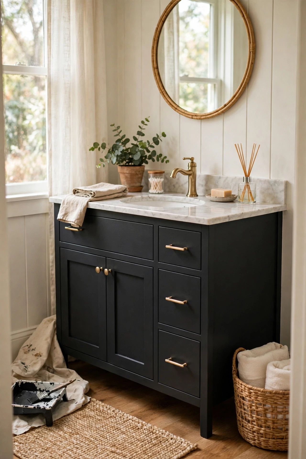 Painting just the vanity cabinet charcoal is a one-afternoon job that reads like a full renovation to anyone walking in.