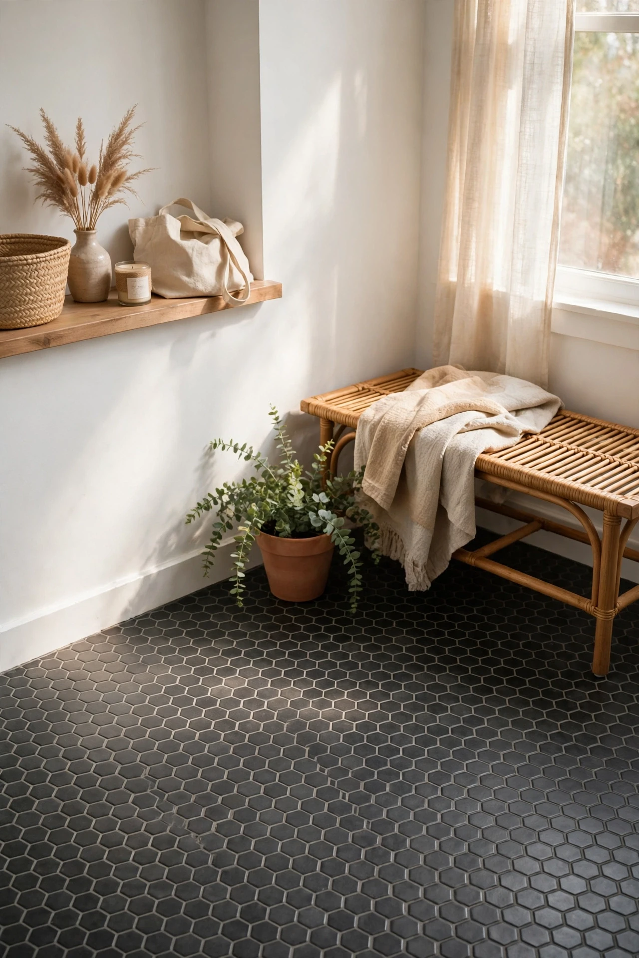 Small charcoal hex tiles on the floor add pattern and grip underfoot, while white walls above keep the space feeling open.