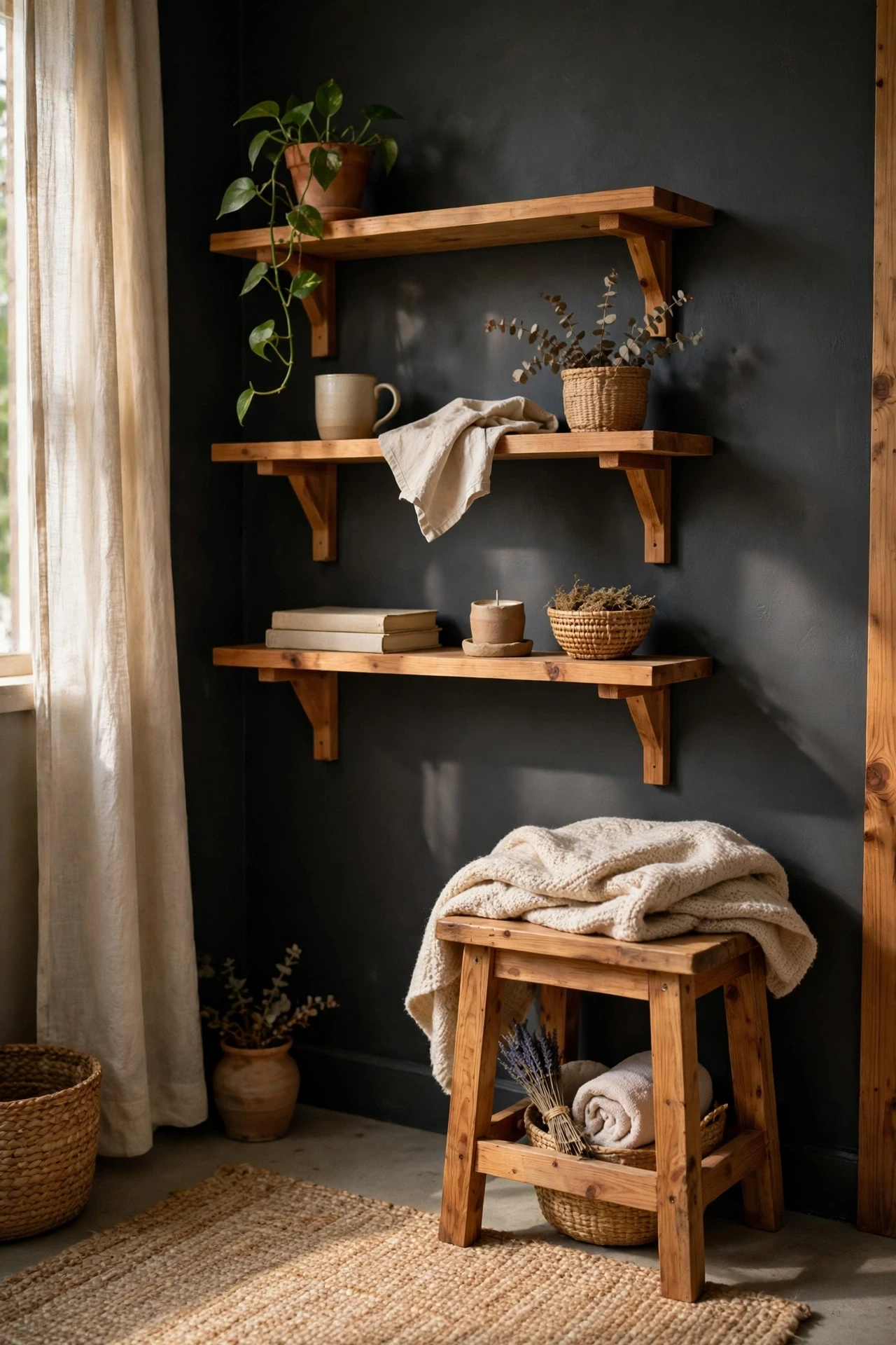 Warm wood shelves or a wooden stool soften charcoal walls, stopping the room from feeling cold or overly serious.