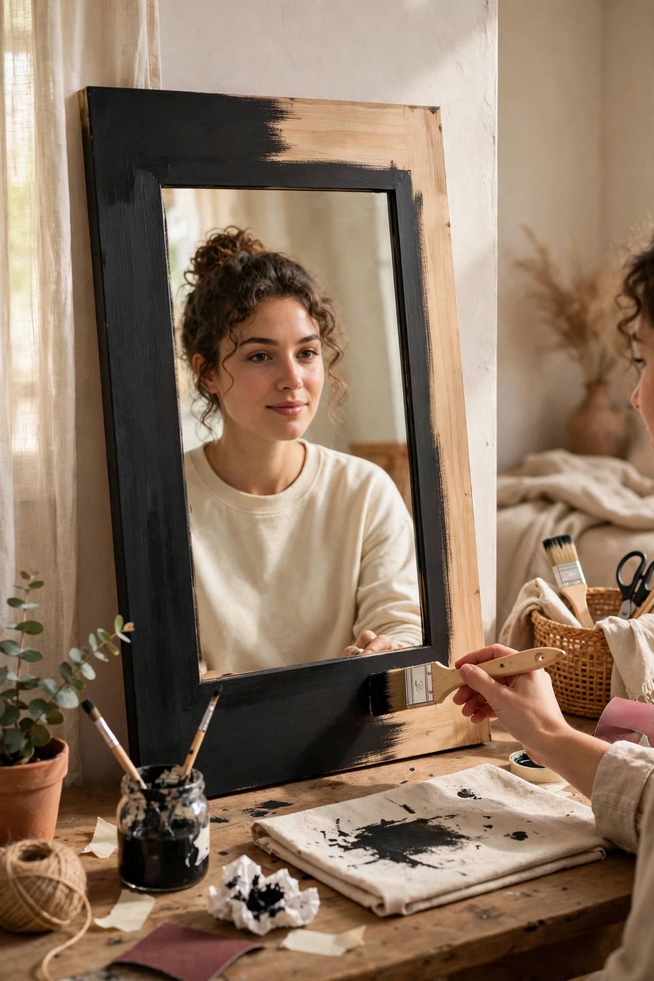 Painting or wrapping a plain mirror frame in charcoal frames your face like a picture, and it costs almost nothing to do.