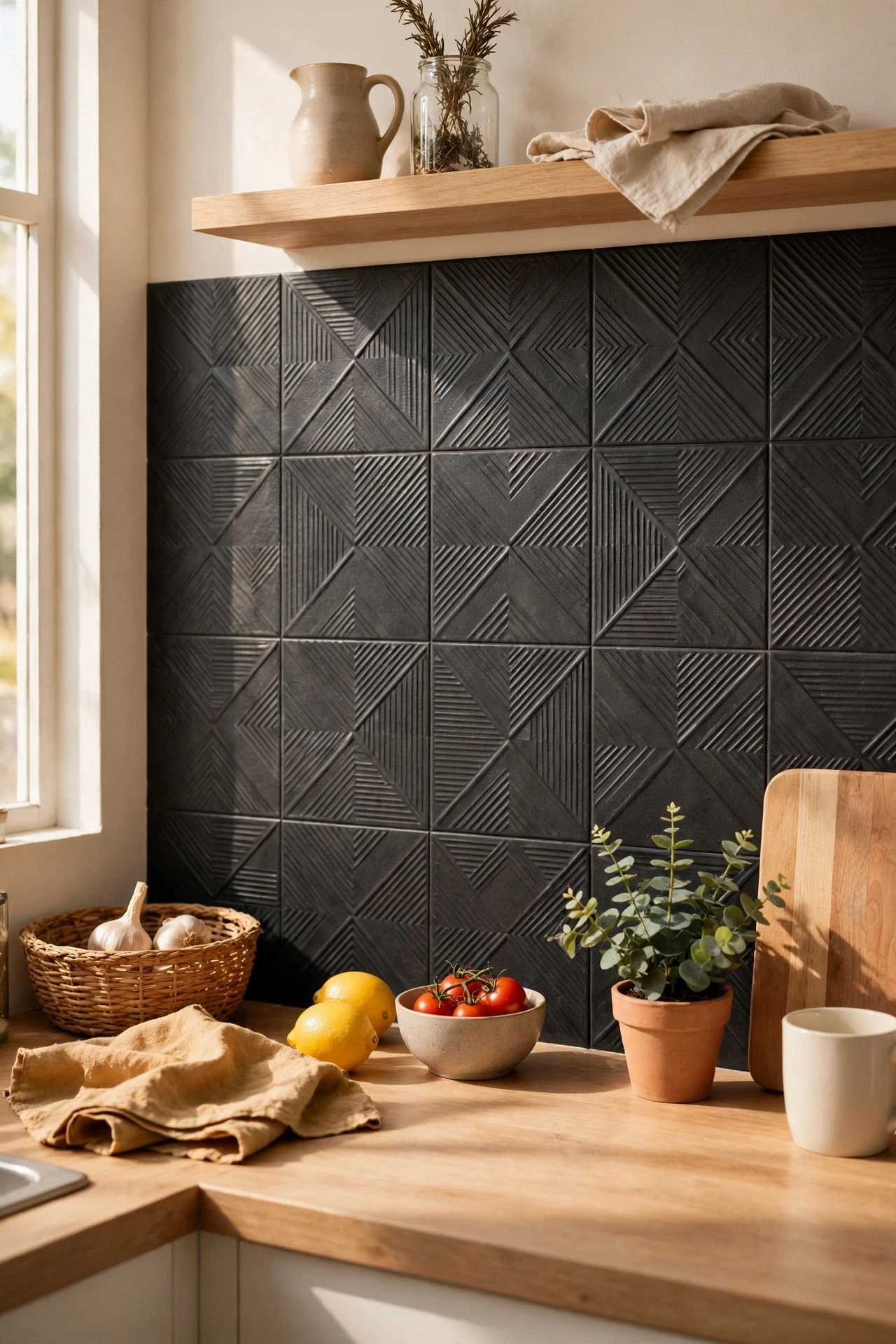 Peel-and-stick tiles in charcoal give a flat backsplash depth and pattern, with no grout, no dust, and no landlord drama.