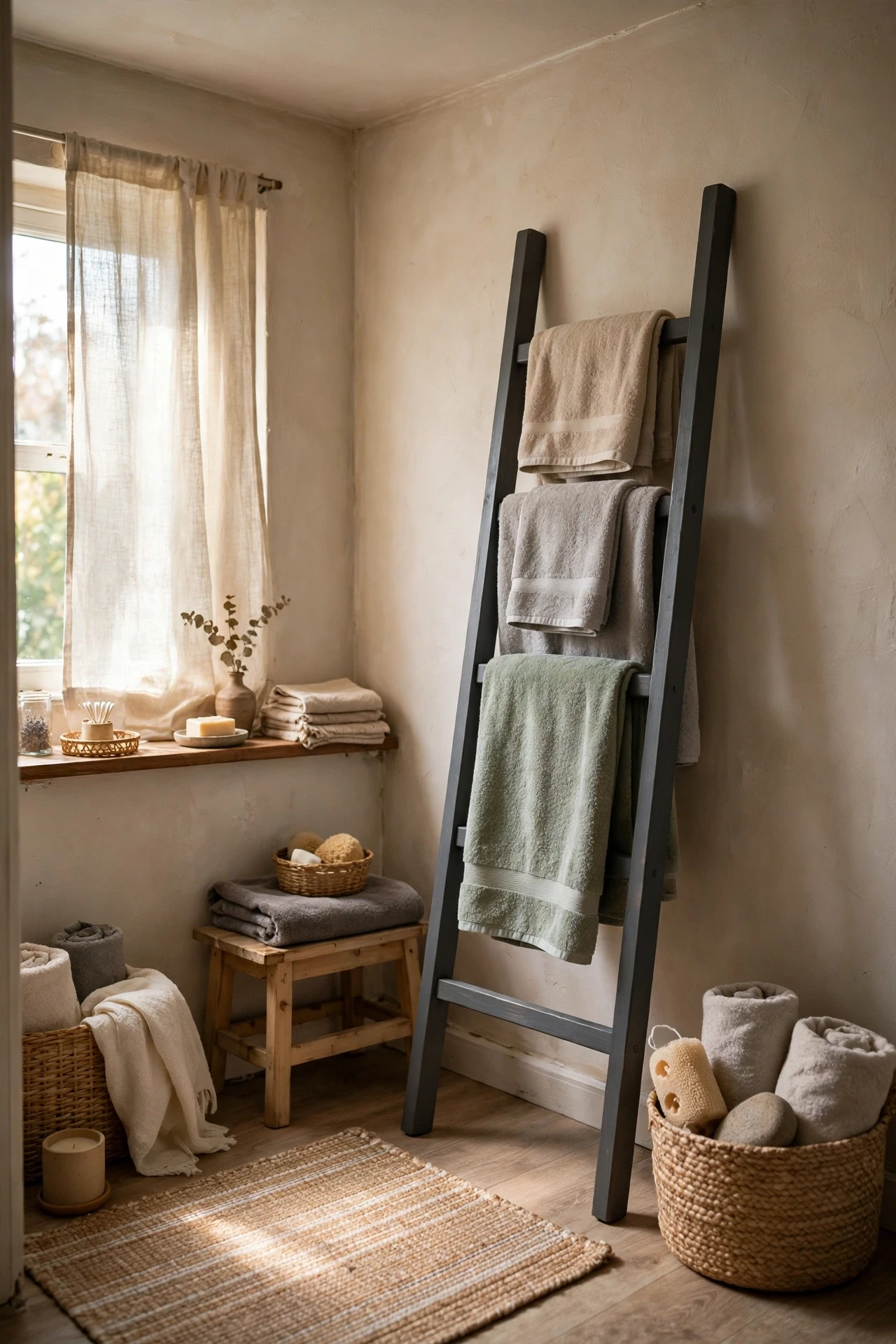A charcoal towel ladder leaning against the wall stores towels in plain sight and adds height to a room that feels squat.