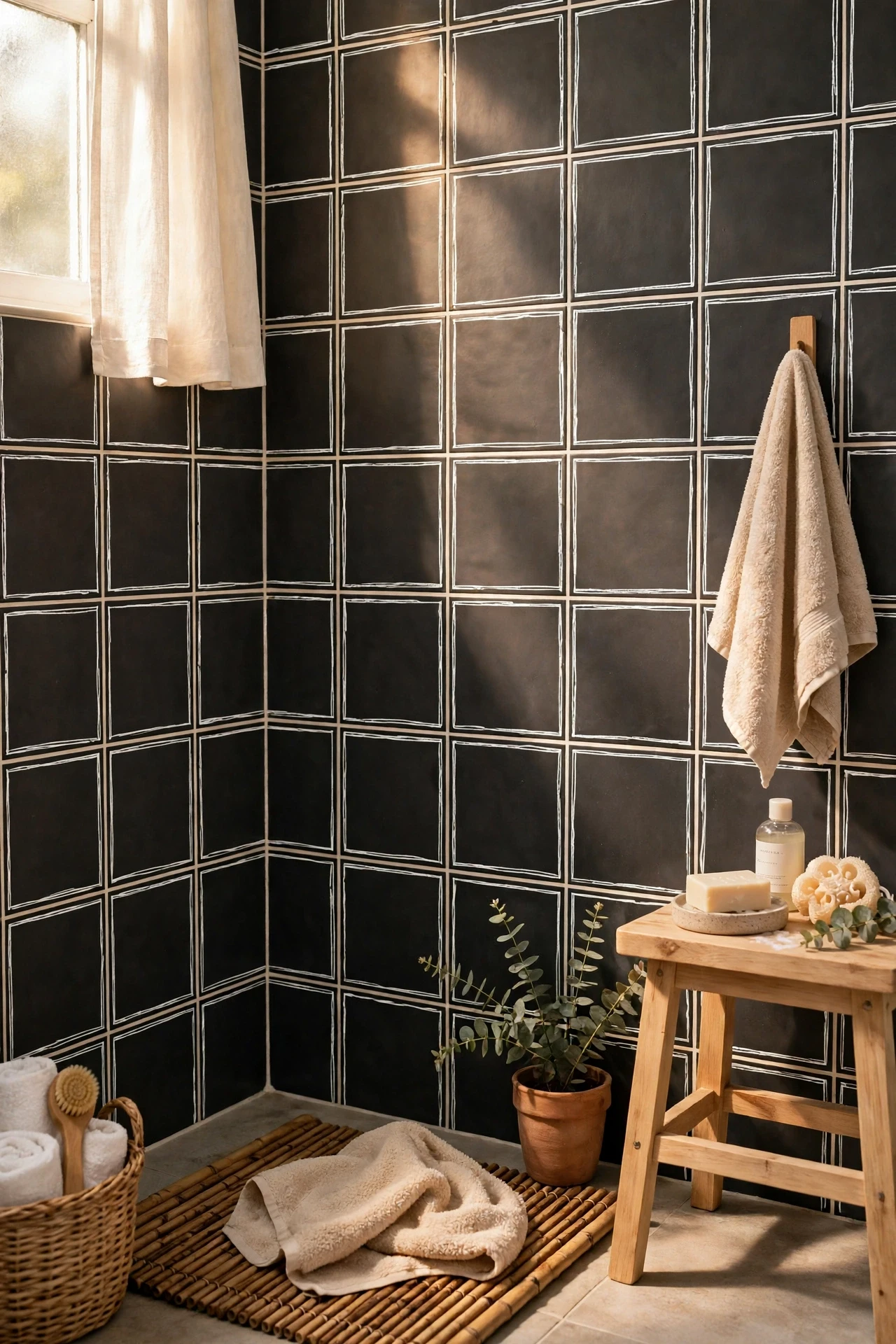 Charcoal tiles outlined in white grout look graphic and clean, like a hand-drawn pattern, and they hide soap marks well.