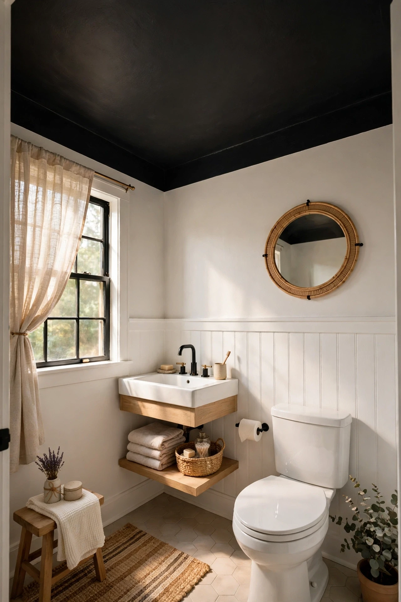 A charcoal ceiling sounds bold, but with white walls below it draws the eye up and makes a low bathroom feel surprisingly grand.