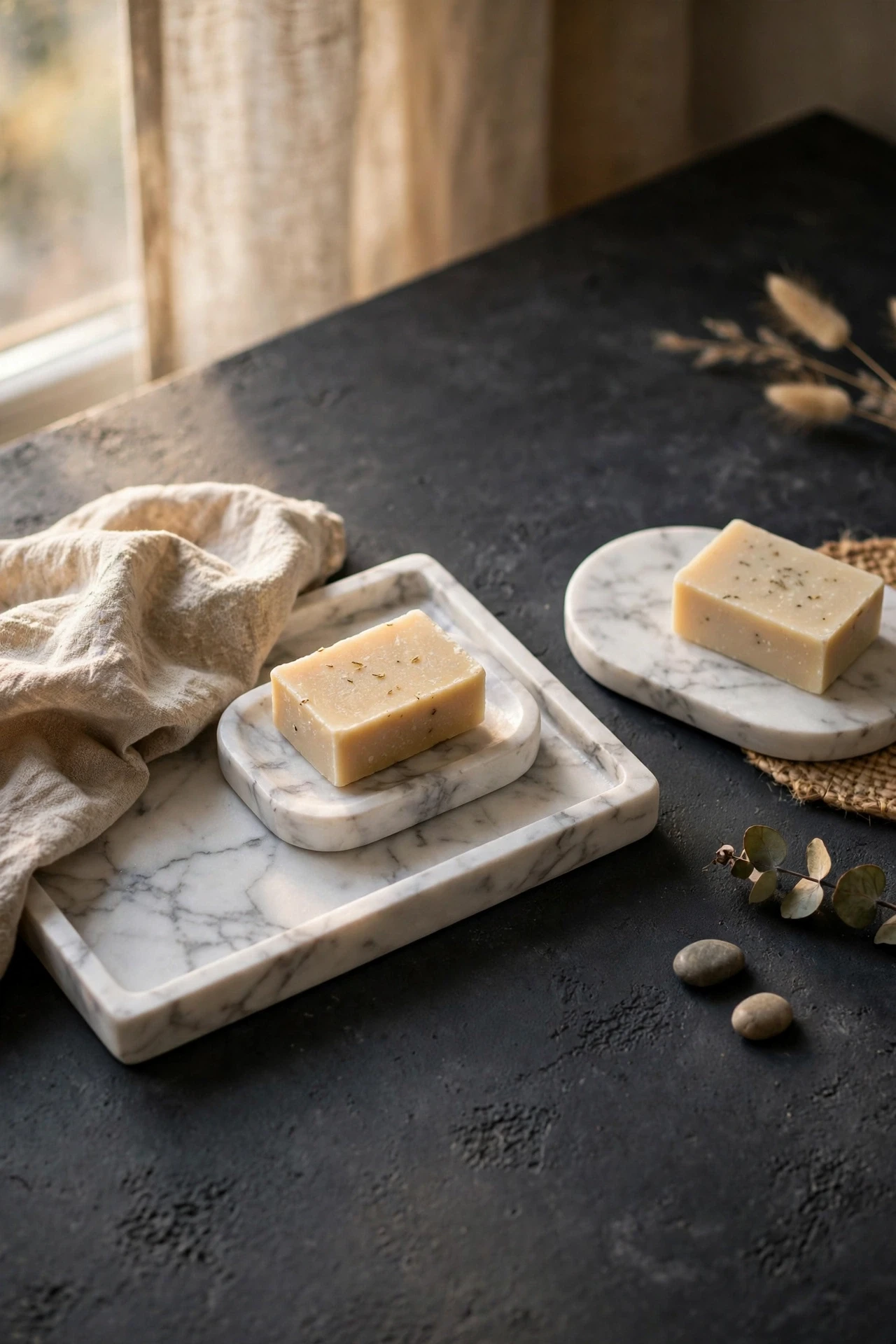 Marble-look trays and soap dishes against charcoal surfaces look far more expensive than they are, especially in small doses.