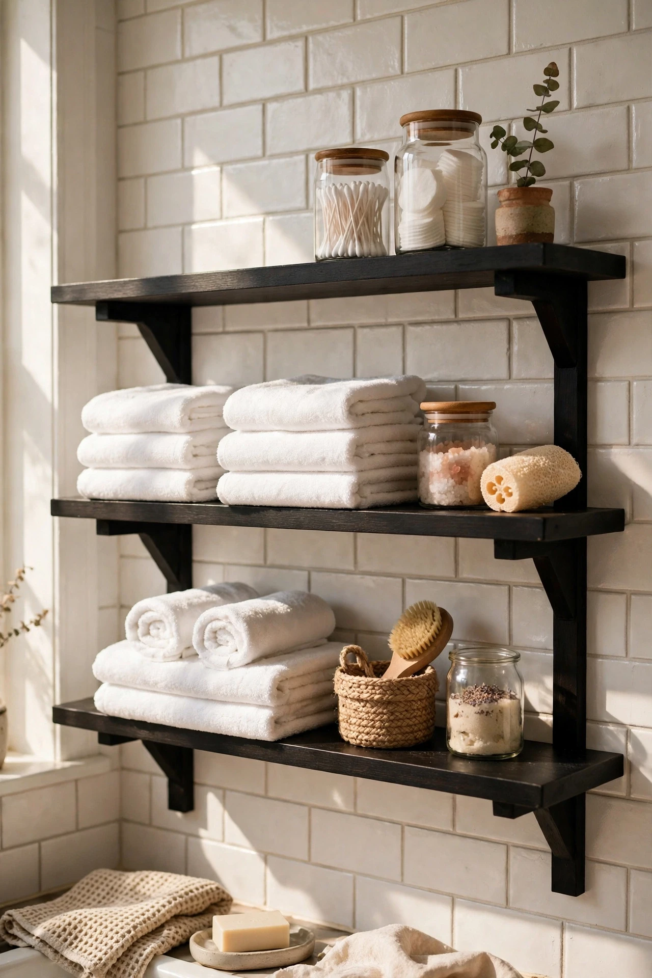 Dark open shelves on white tile give towels and jars a stage, and the contrast makes even plain white towels look styled.
