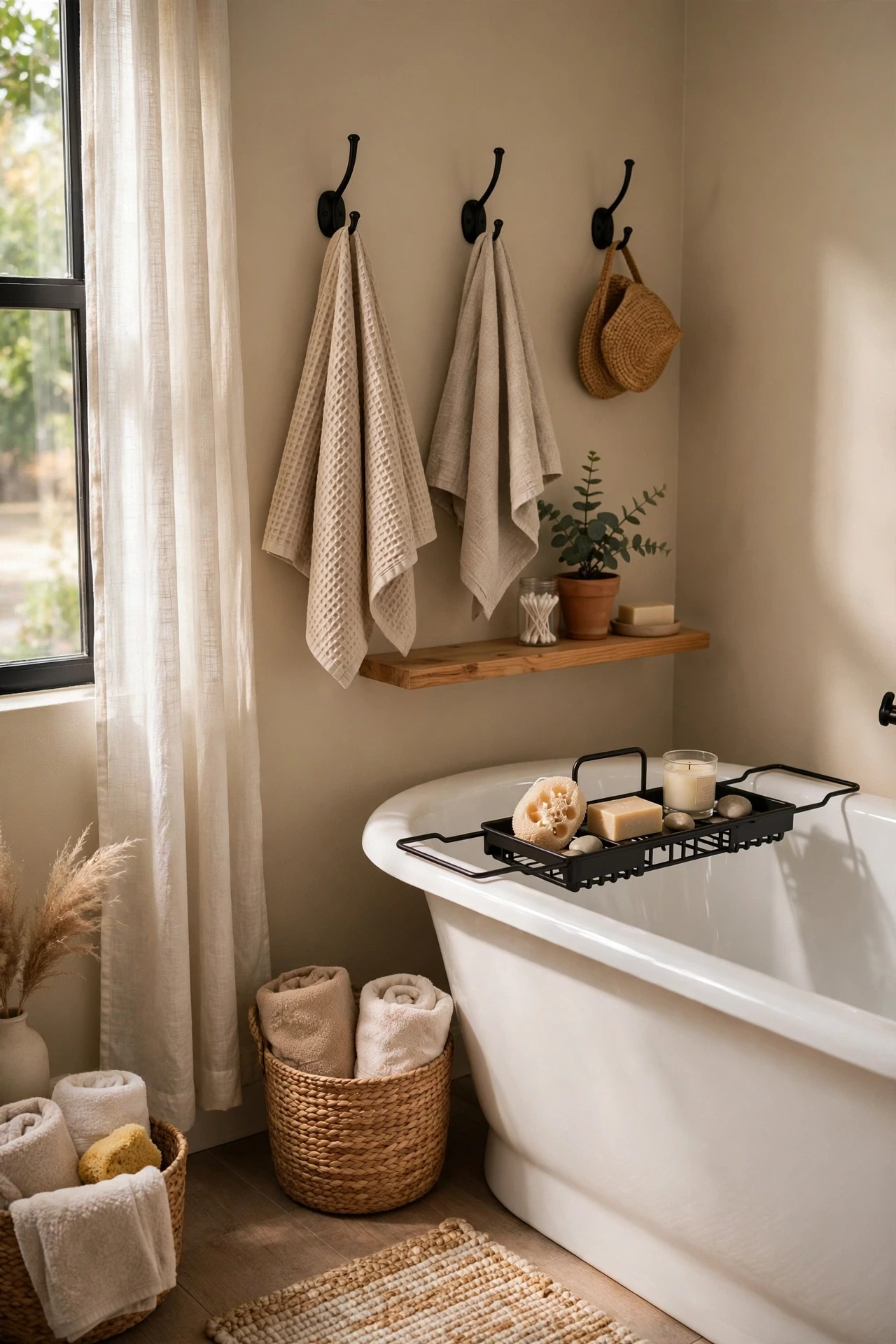 Matching charcoal hardware, from hooks to a bath caddy, ties the room together in the way a single painted wall cannot.