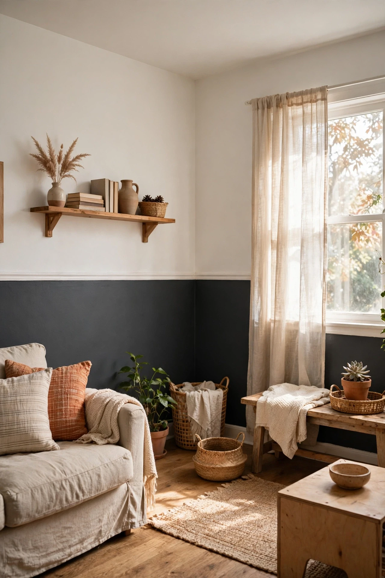 Painting only the lower half of the walls charcoal keeps the room bright up top while adding weight and character down low.