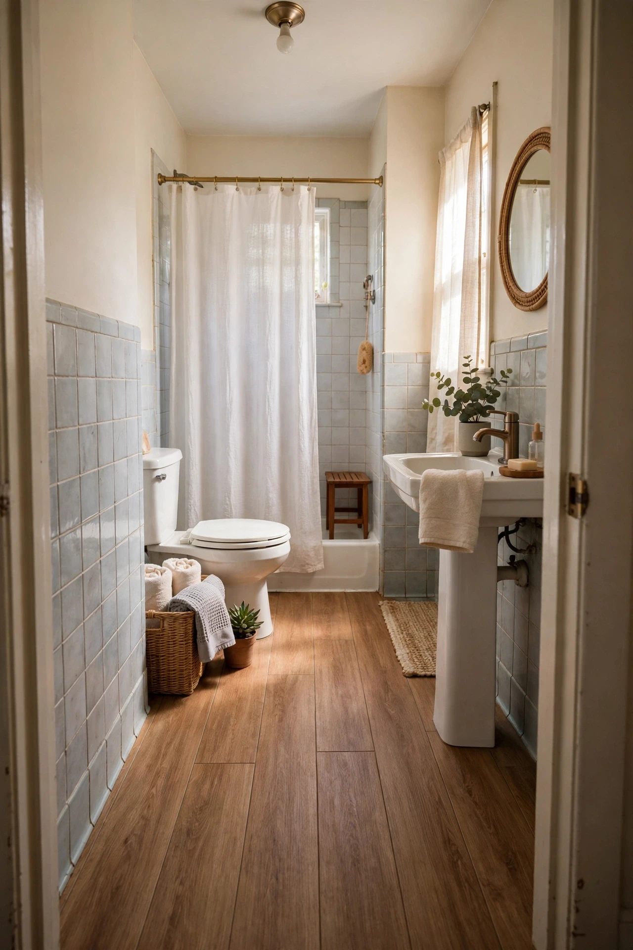 Wood-look vinyl planks laid over old tile warm up a cold bathroom instantly, and the long lines make a narrow room feel longer.