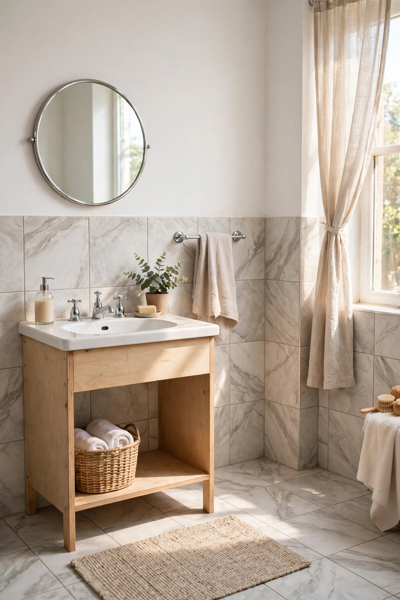 Large marble-look squares with soft veining give a plain bathroom a hotel feel, especially paired with white walls and chrome taps.