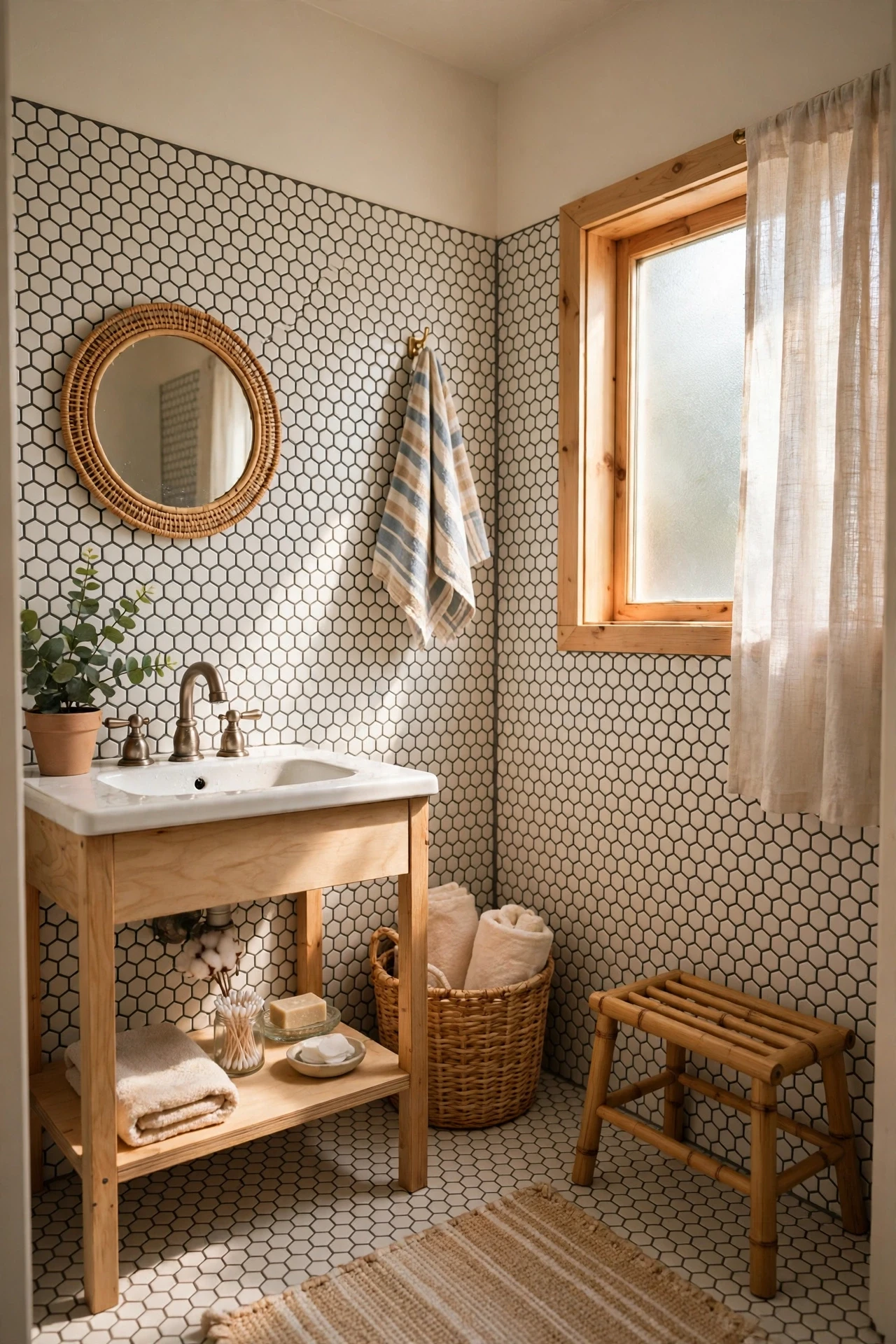 Hexagon tiles feel classic and playful at once, and their small scale suits tiny bathrooms where big tiles would look clumsy.