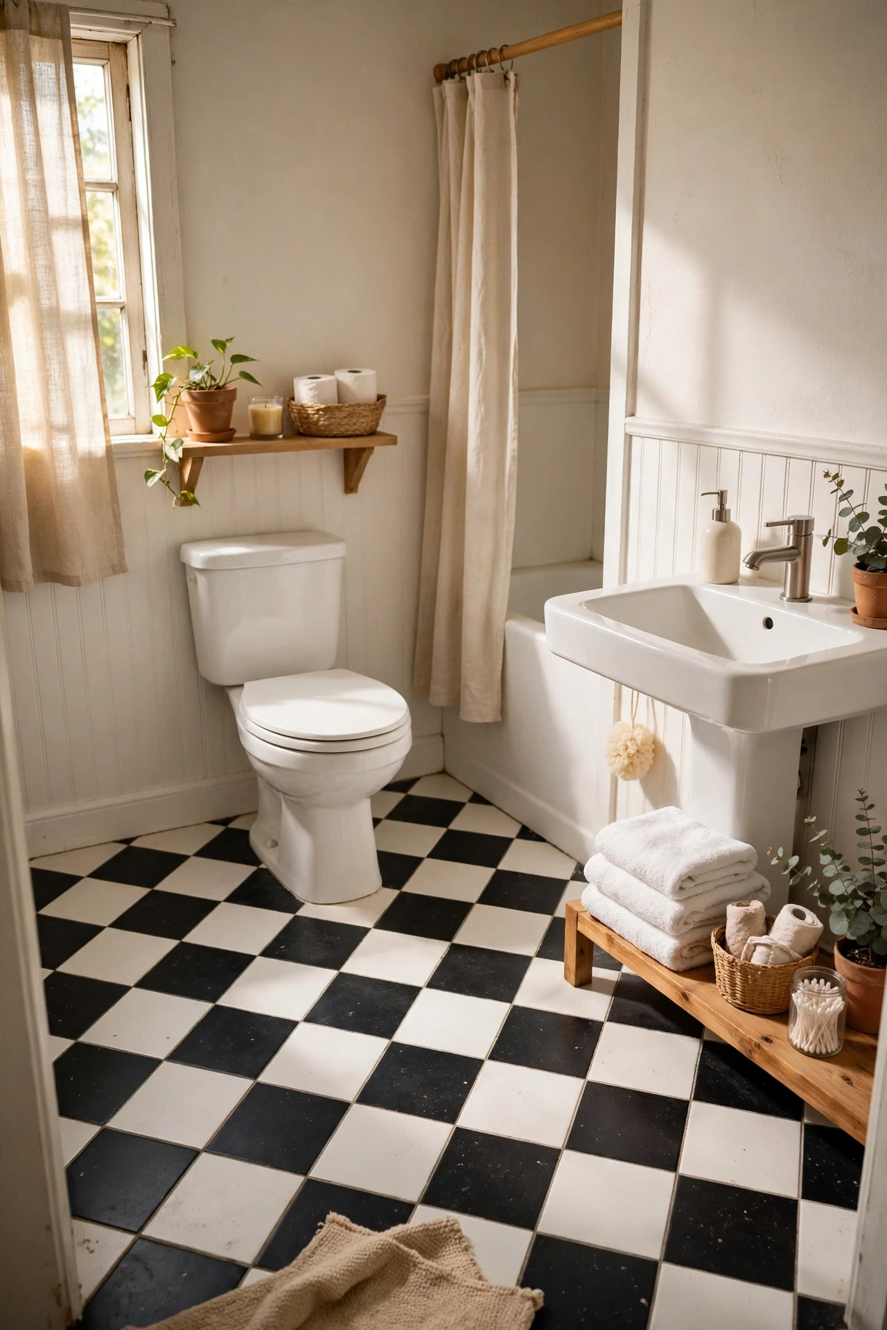 A black and white checkerboard floor is a timeless look that hides dirt well and makes white fixtures look even crisper.