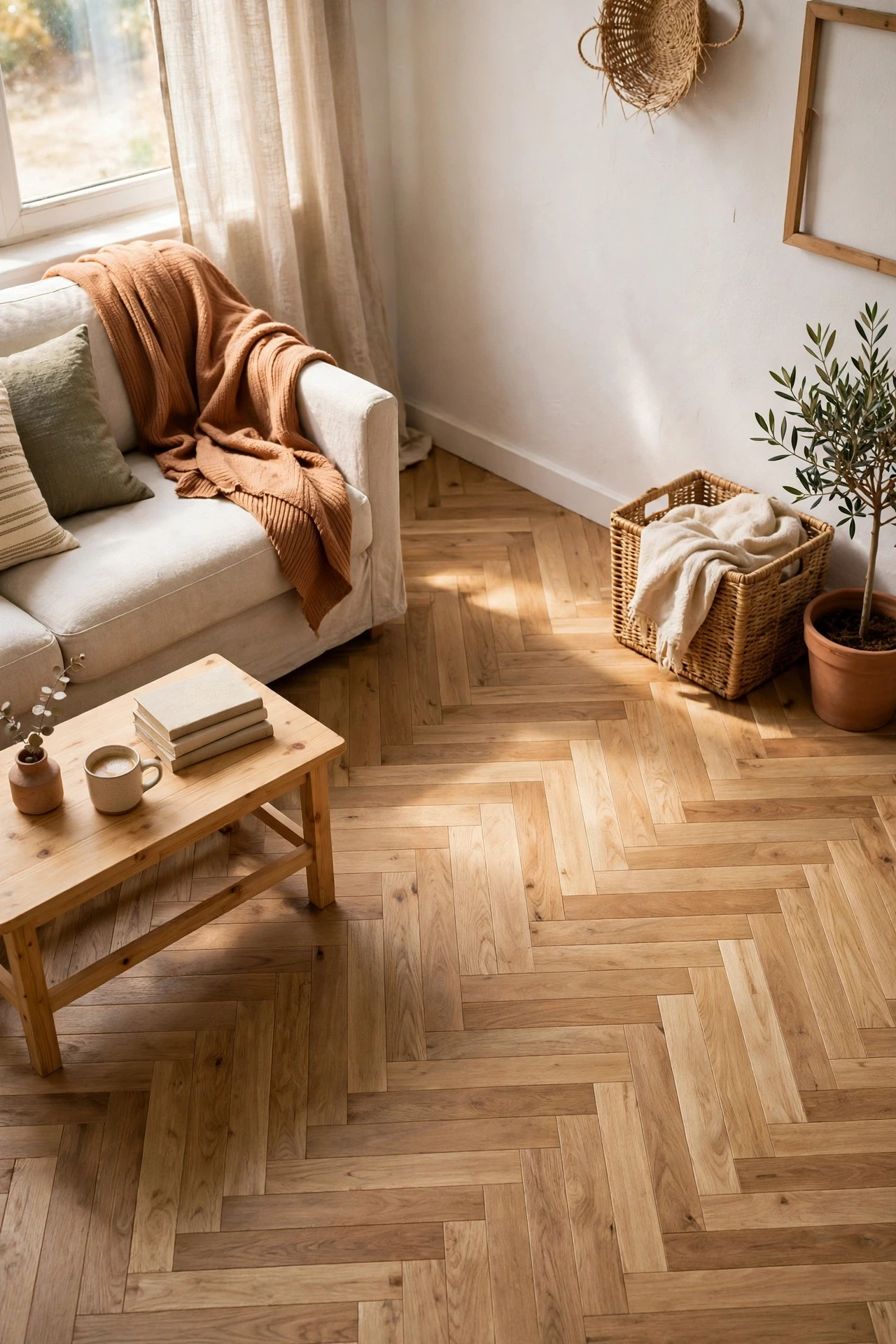 Herringbone planks add movement and a sense of craft, turning a plain rectangle of floor into something people actually notice.