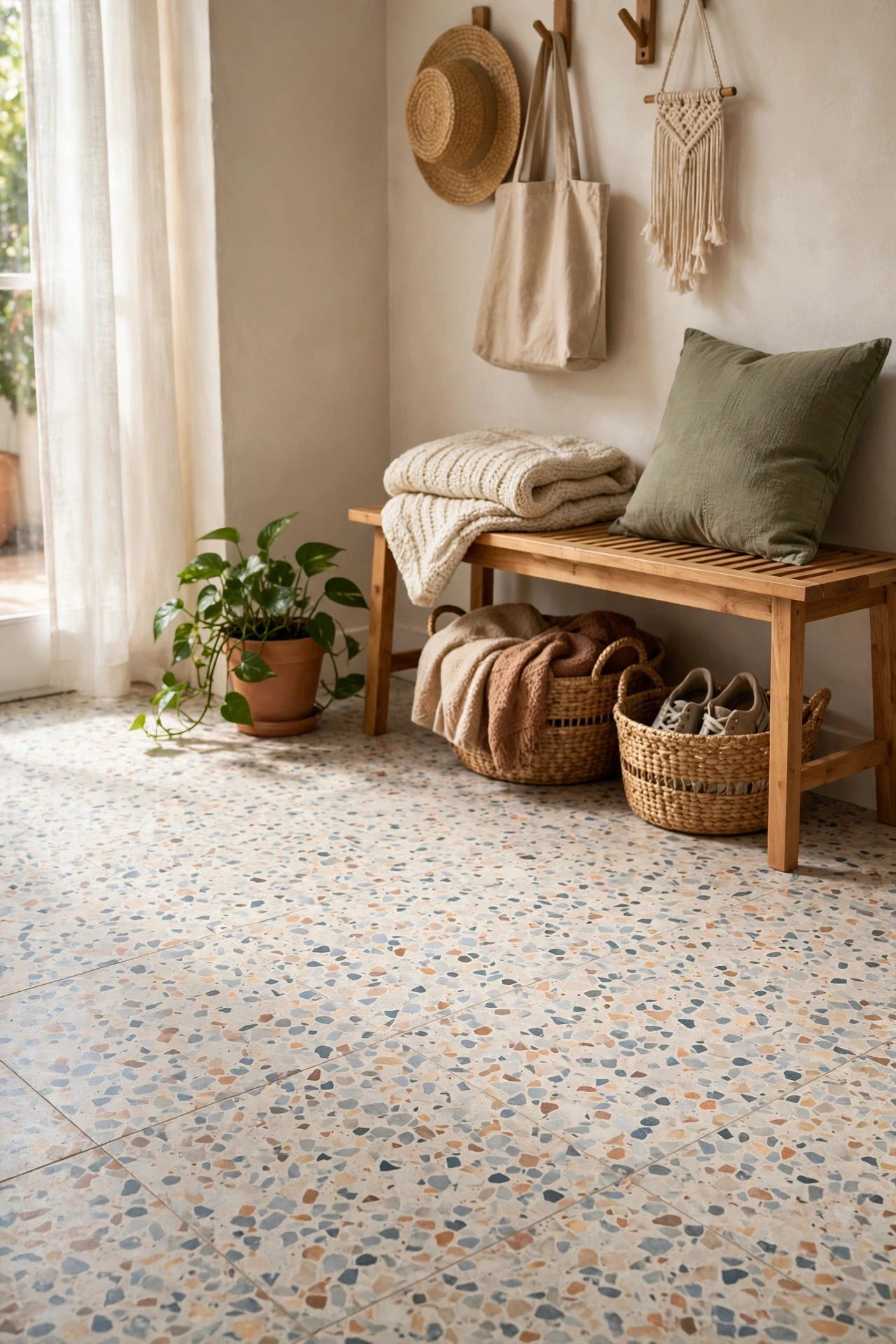Terrazzo-look tiles with speckled chips feel modern and fun, and they disguise scuffs far better than a plain solid colour.