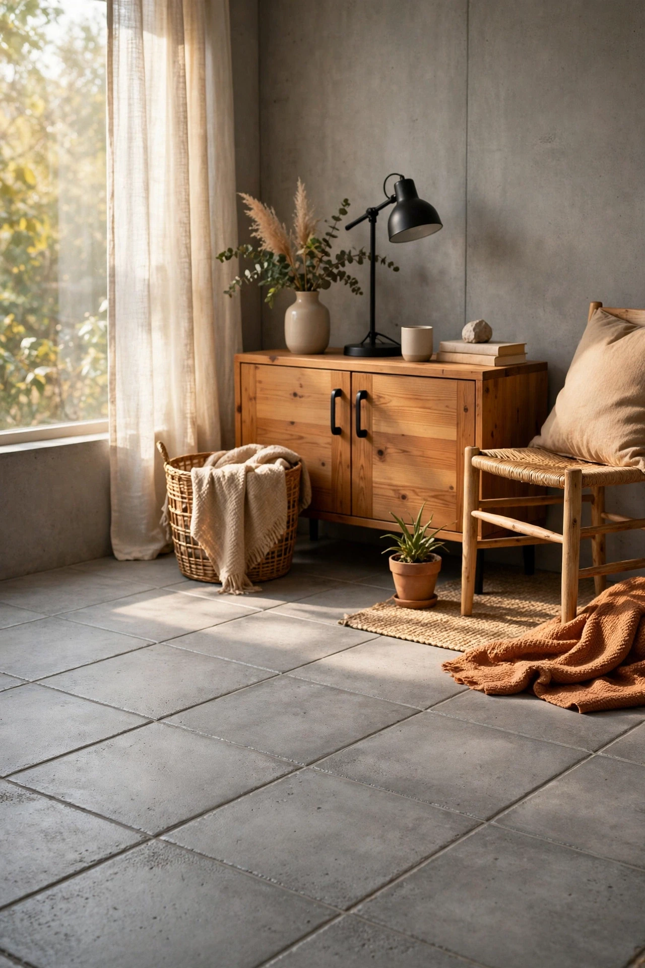 Concrete-look gray squares give an industrial, calm base that pairs well with wood accents and matte black hardware.