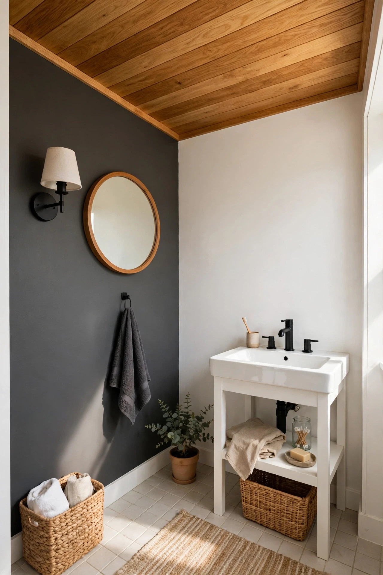 Warm oak planks stop a small bathroom from feeling clinical, and their honey tones flatter both white and charcoal walls.