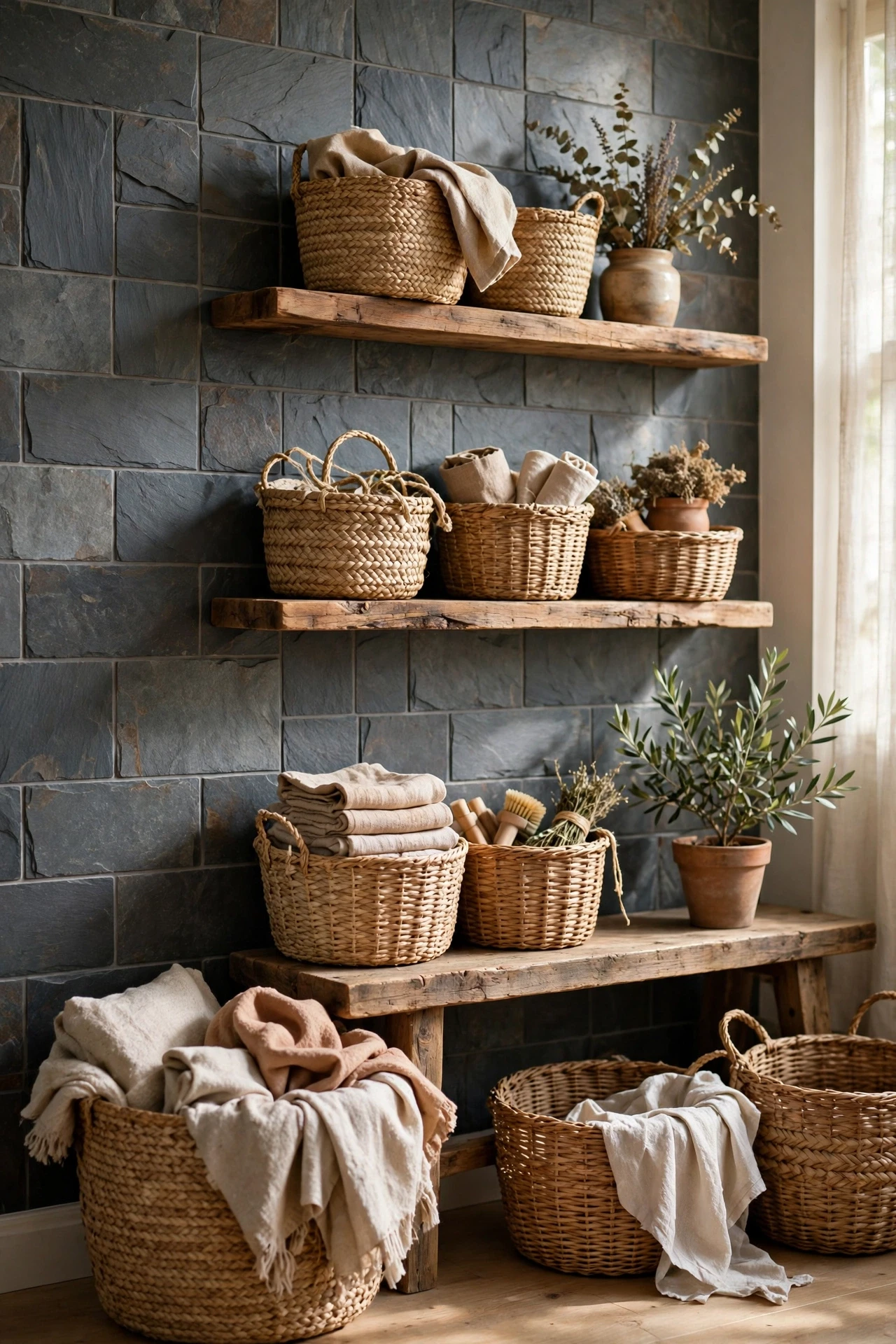Slate-look tiles bring a natural, slightly rugged texture that suits rustic wood shelves and woven baskets perfectly.