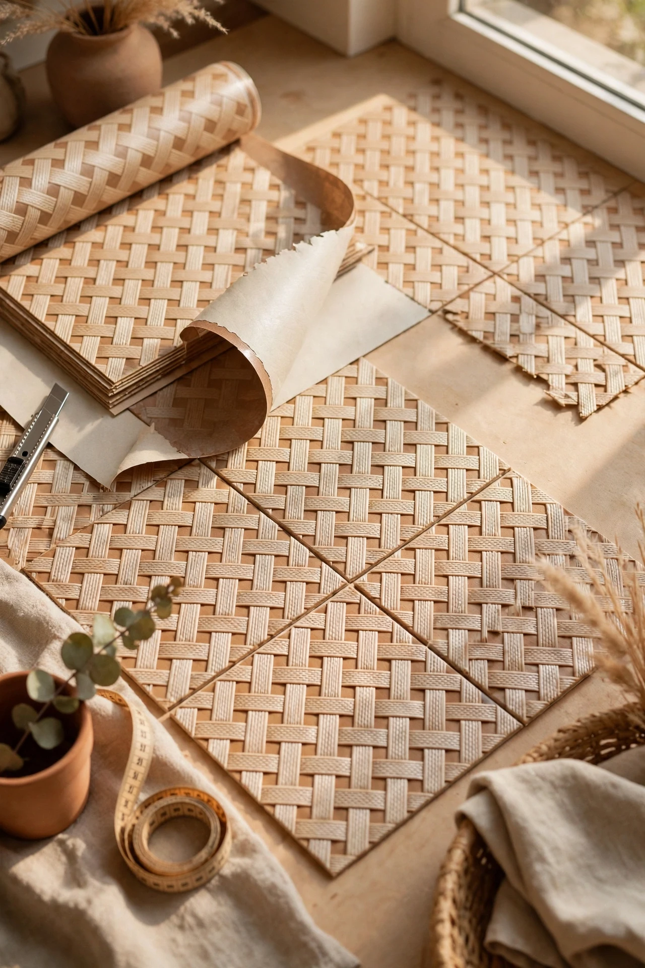 Basketweave tiles look intricate and expensive, yet the peel-and-stick versions lay down as quickly as any plain square.