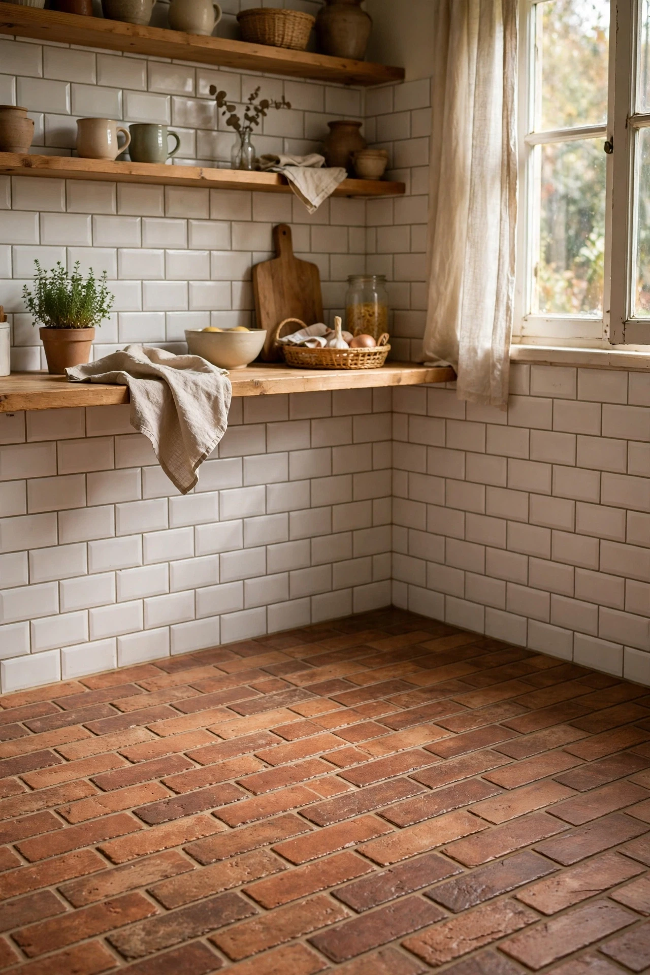 Brick-look tiles add warmth and a cottage feel underfoot, and they pair beautifully with white subway tile on the walls.