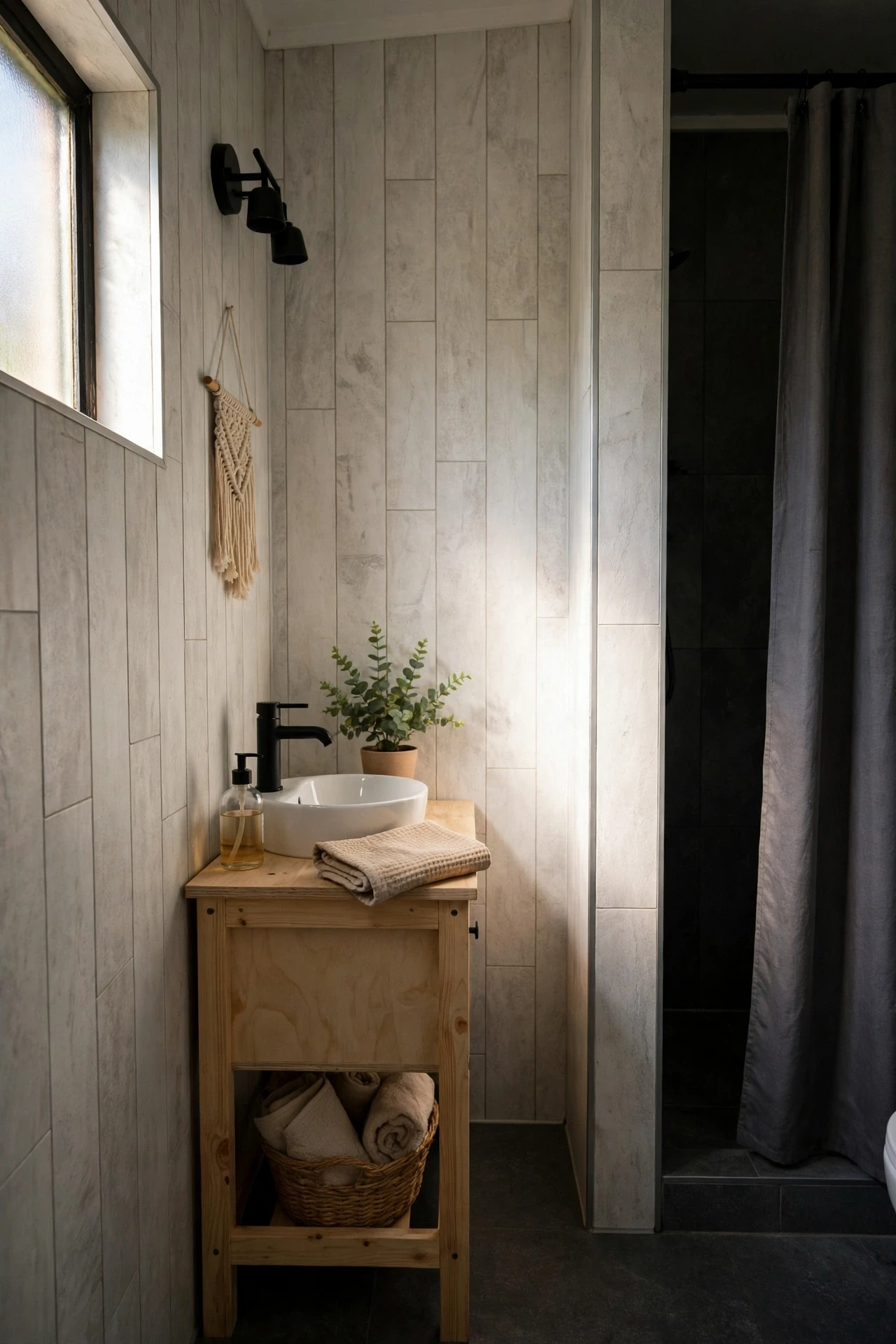 Pale stone-look planks keep a dark bathroom feeling light, reflecting what little daylight the room gets back into the space.