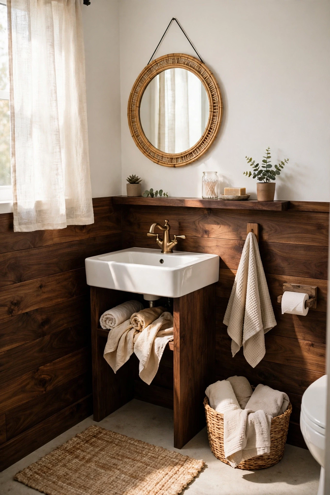 Dark walnut planks against white walls create a striking contrast that makes a small bathroom feel bold rather than bland.
