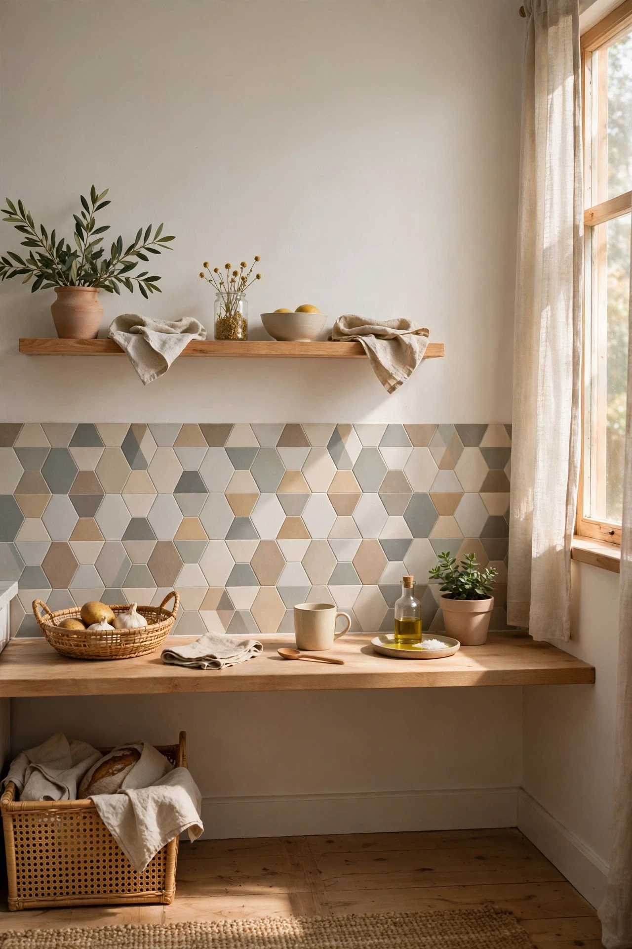 Geometric tiles in muted tones add personality without shouting, and they work well when the walls stay plain and quiet.