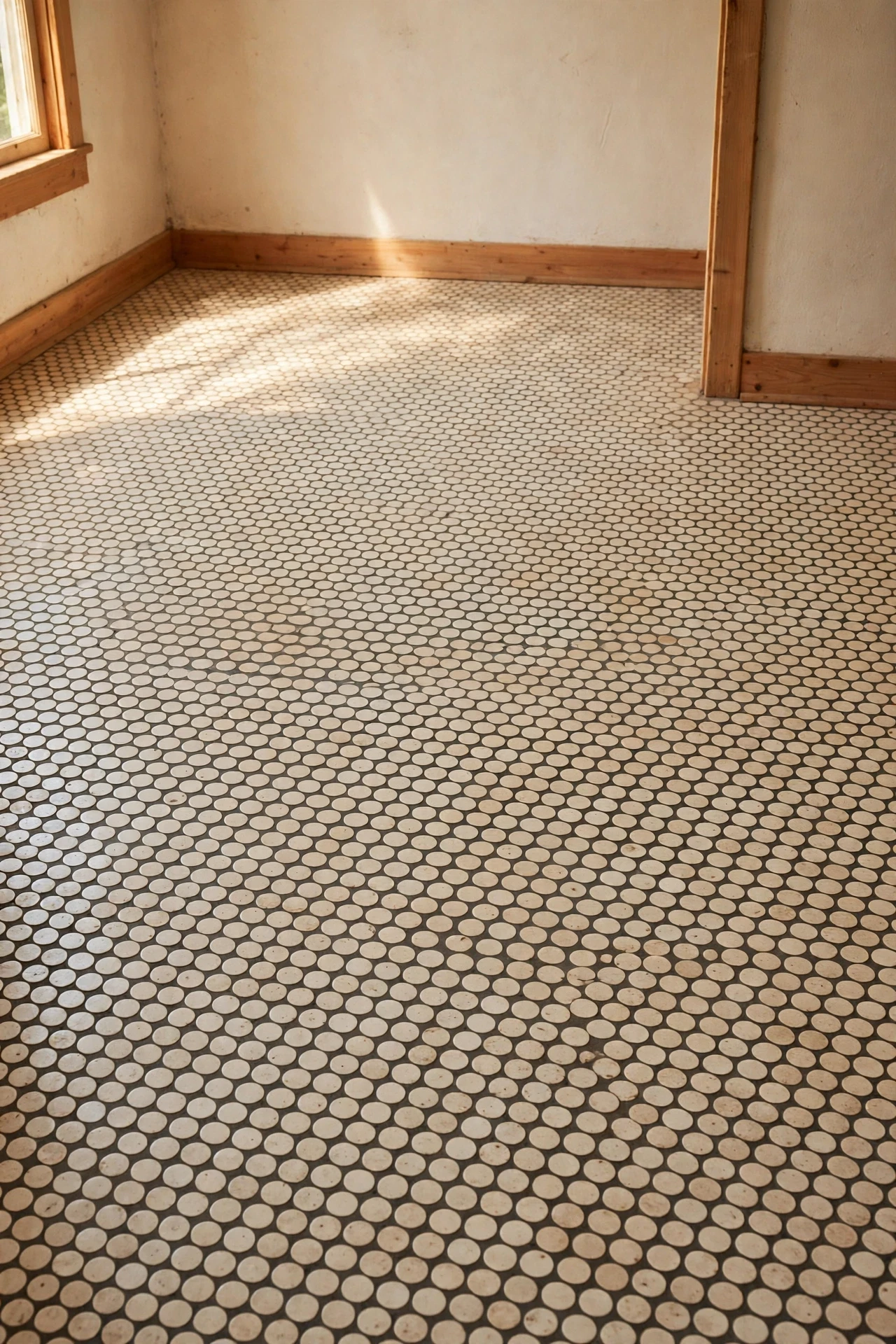Penny round tiles feel vintage and charming, and their dotted pattern breaks up a large floor without needing any extra decor.