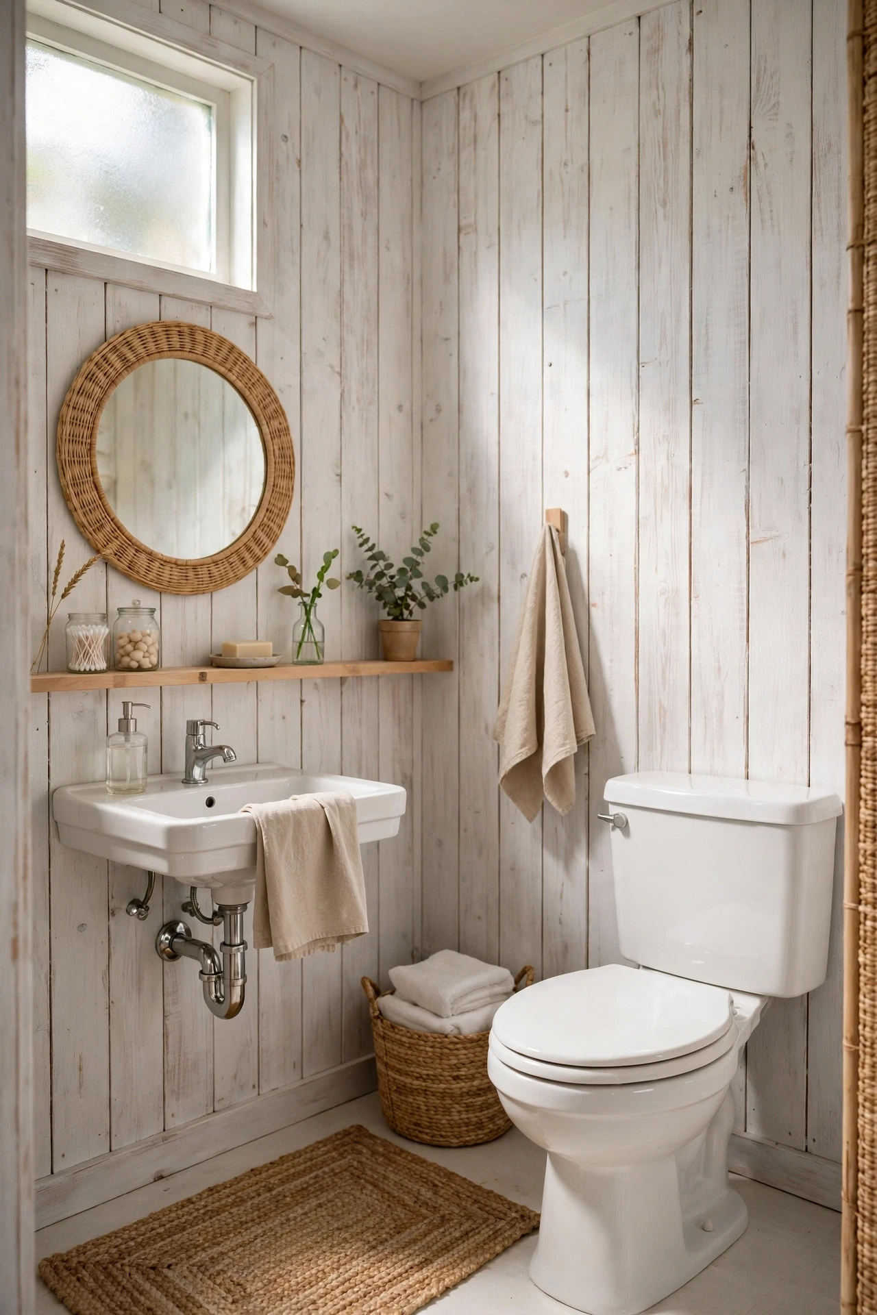 Whitewashed planks give a coastal, airy feeling that suits bathrooms with little natural light and lots of white fixtures.