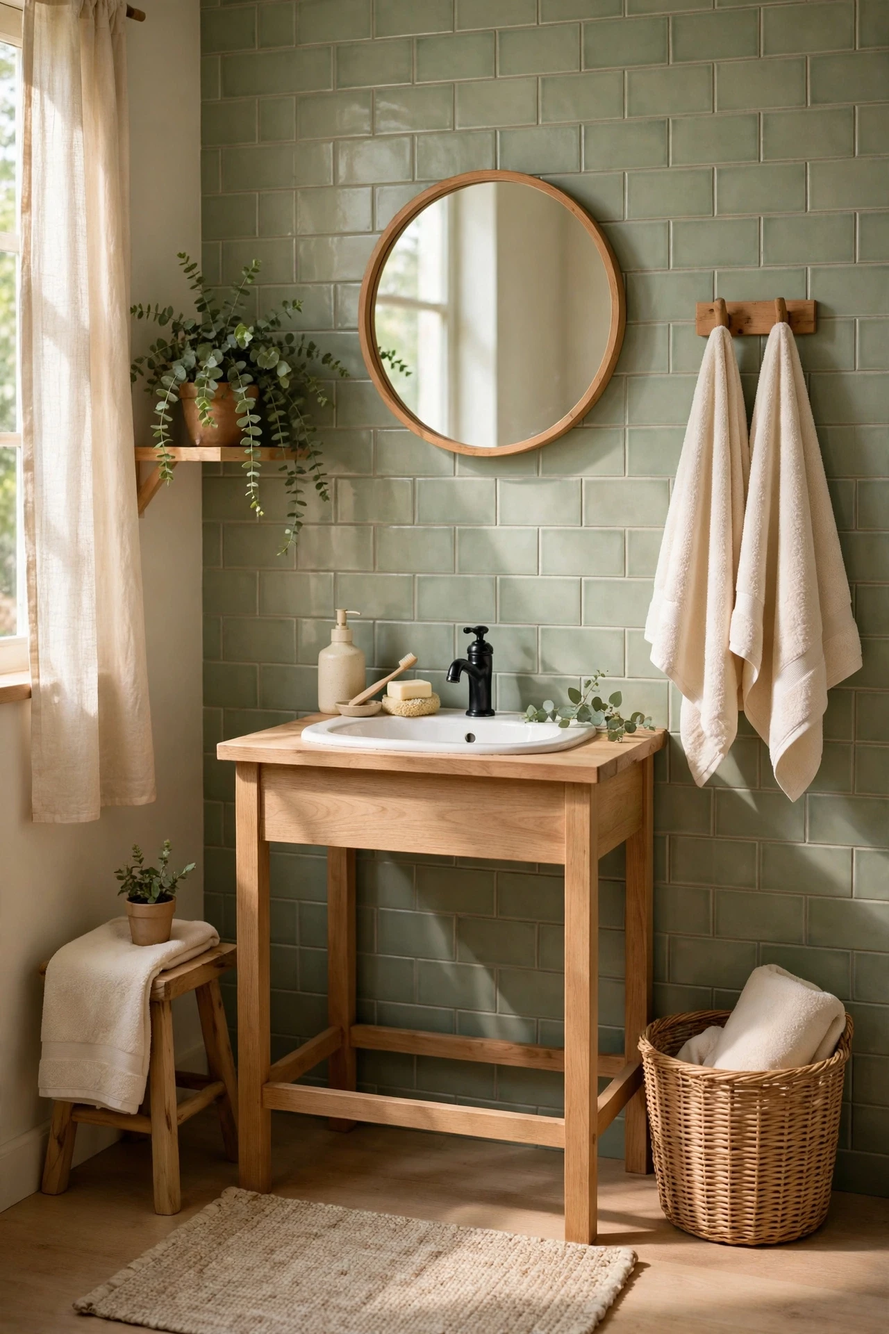 Soft sage tiles bring a calm, garden-like feeling to a bathroom, and they pair gently with cream towels and wooden accents.