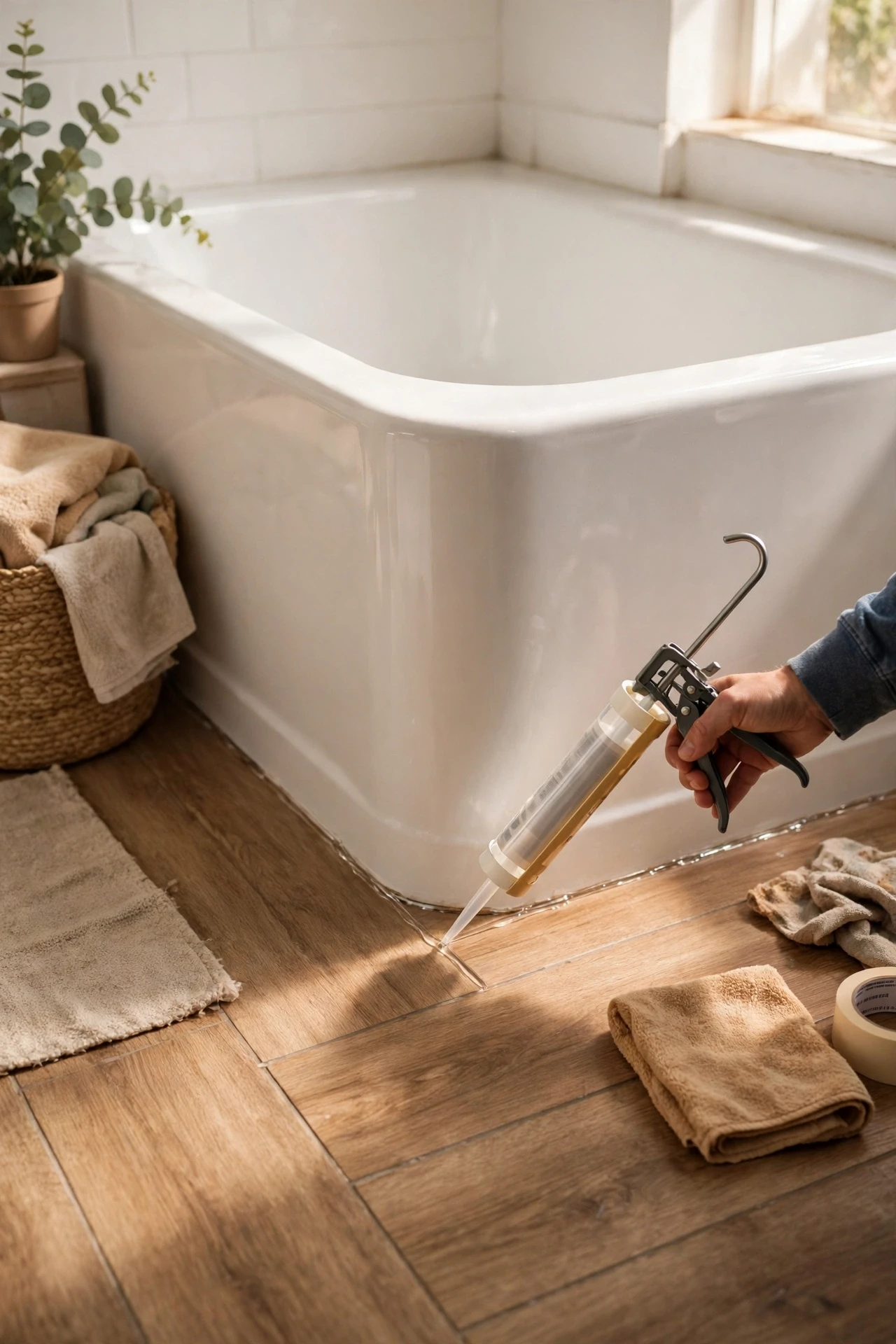 Sealing the edges near the tub with clear caulk protects your new floor from splashes and keeps the corners looking neat for years.