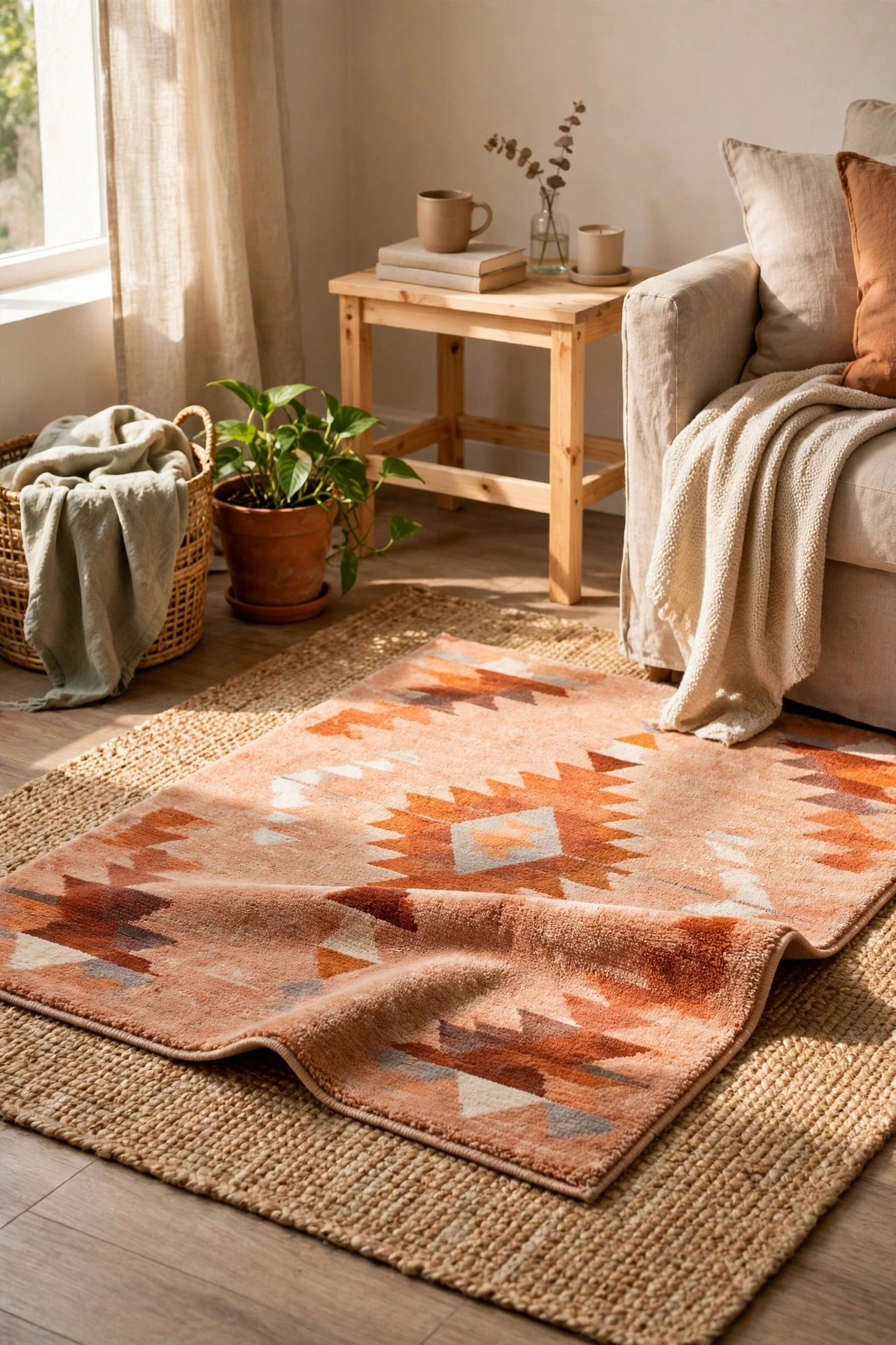 A washable rug layered over the new floor adds softness underfoot and lets you change the room's accent colour in seconds.