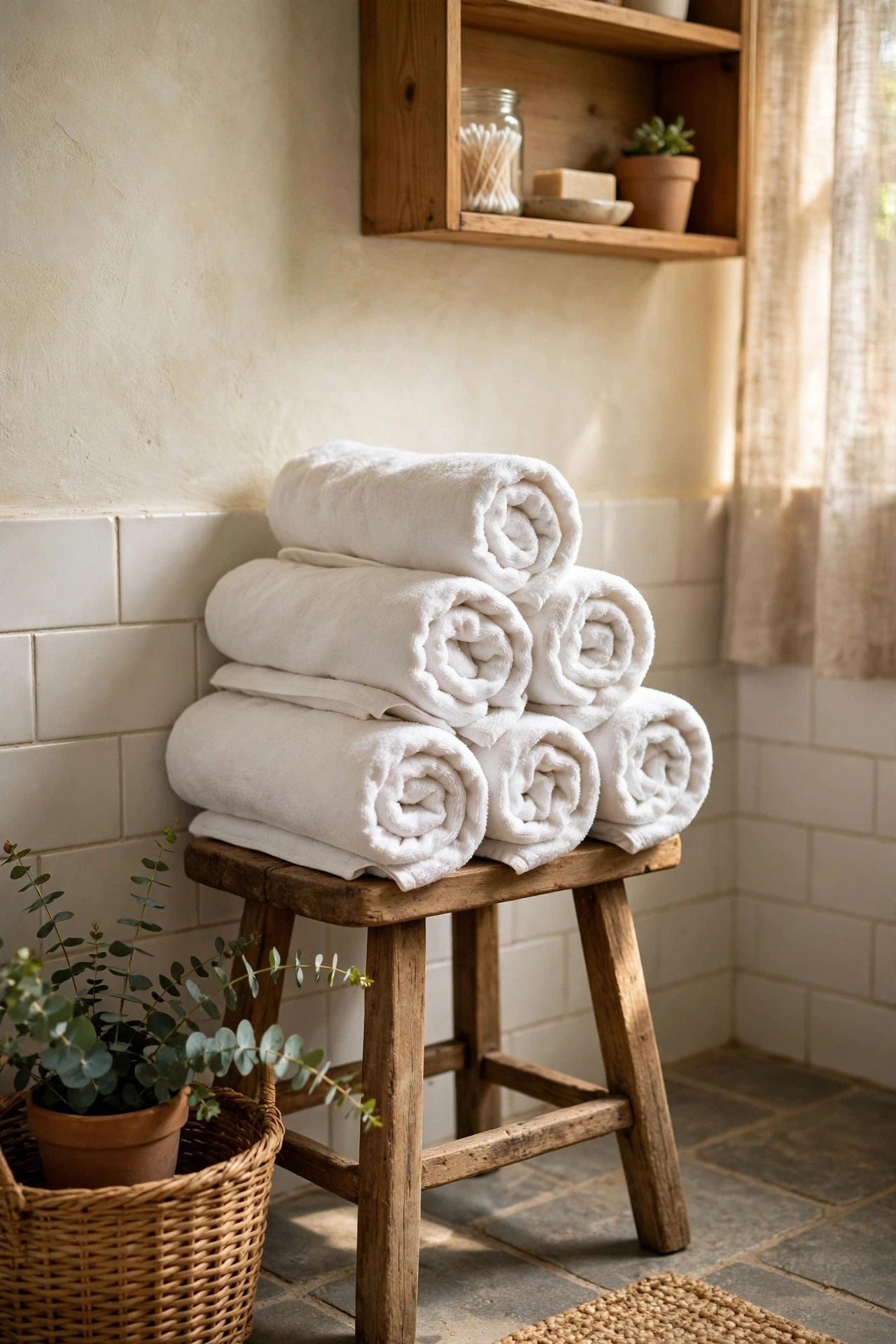 Rolled white towels stacked on a shelf or stool feel instantly welcoming, and they signal that this bathroom was prepared, not just cleaned.