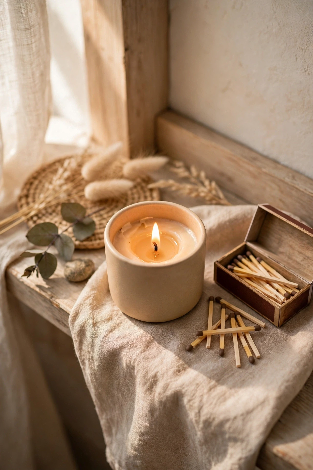 A candle with matches beside it lets guests freshen the room themselves, which is a small kindness that feels surprisingly luxurious.