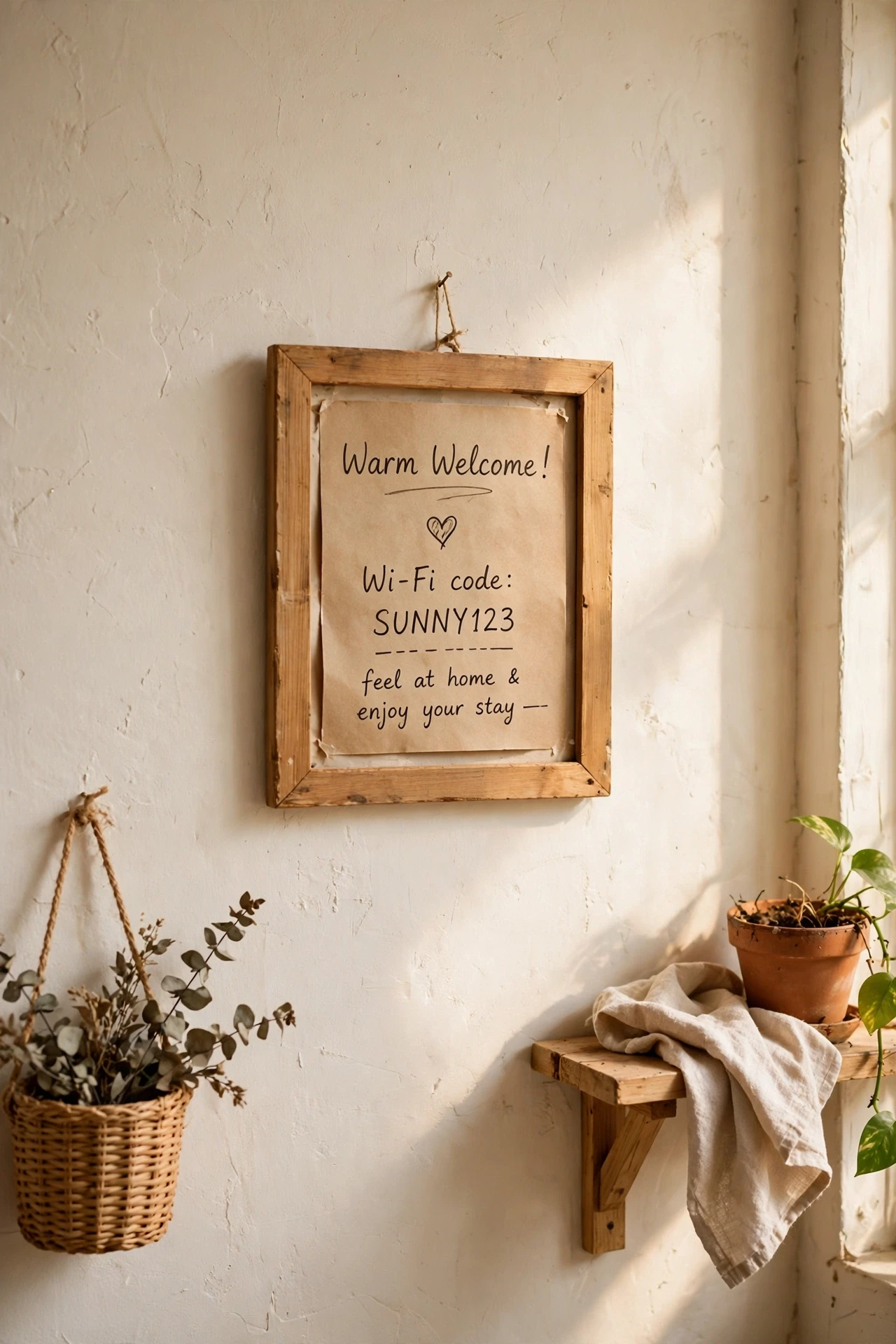 A short framed note with the Wi-Fi code and a warm welcome saves guests asking, and it looks charming on the wall.