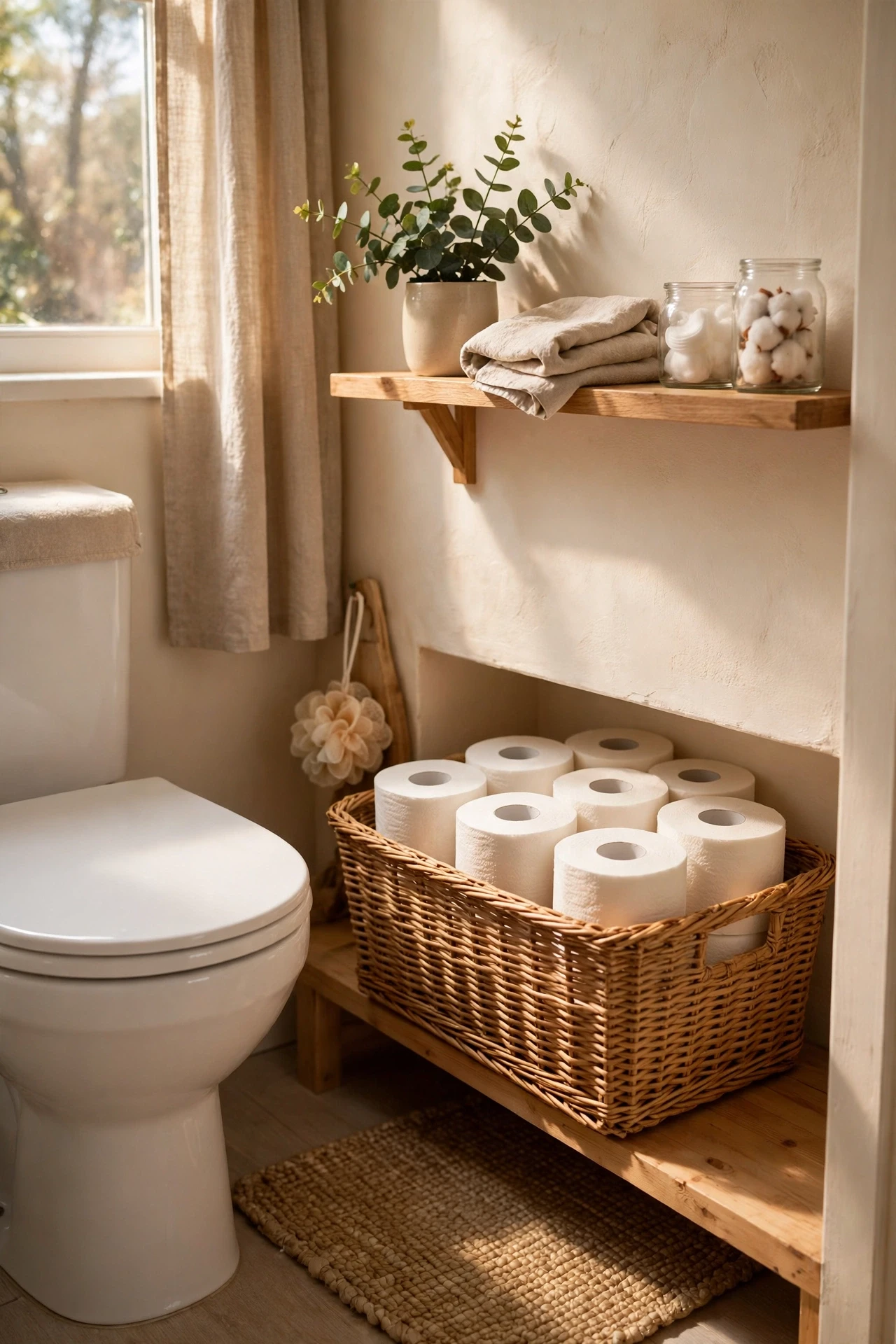 A basket of spare rolls within reach means nobody has to hunt through cupboards, and it keeps the room looking tidy.