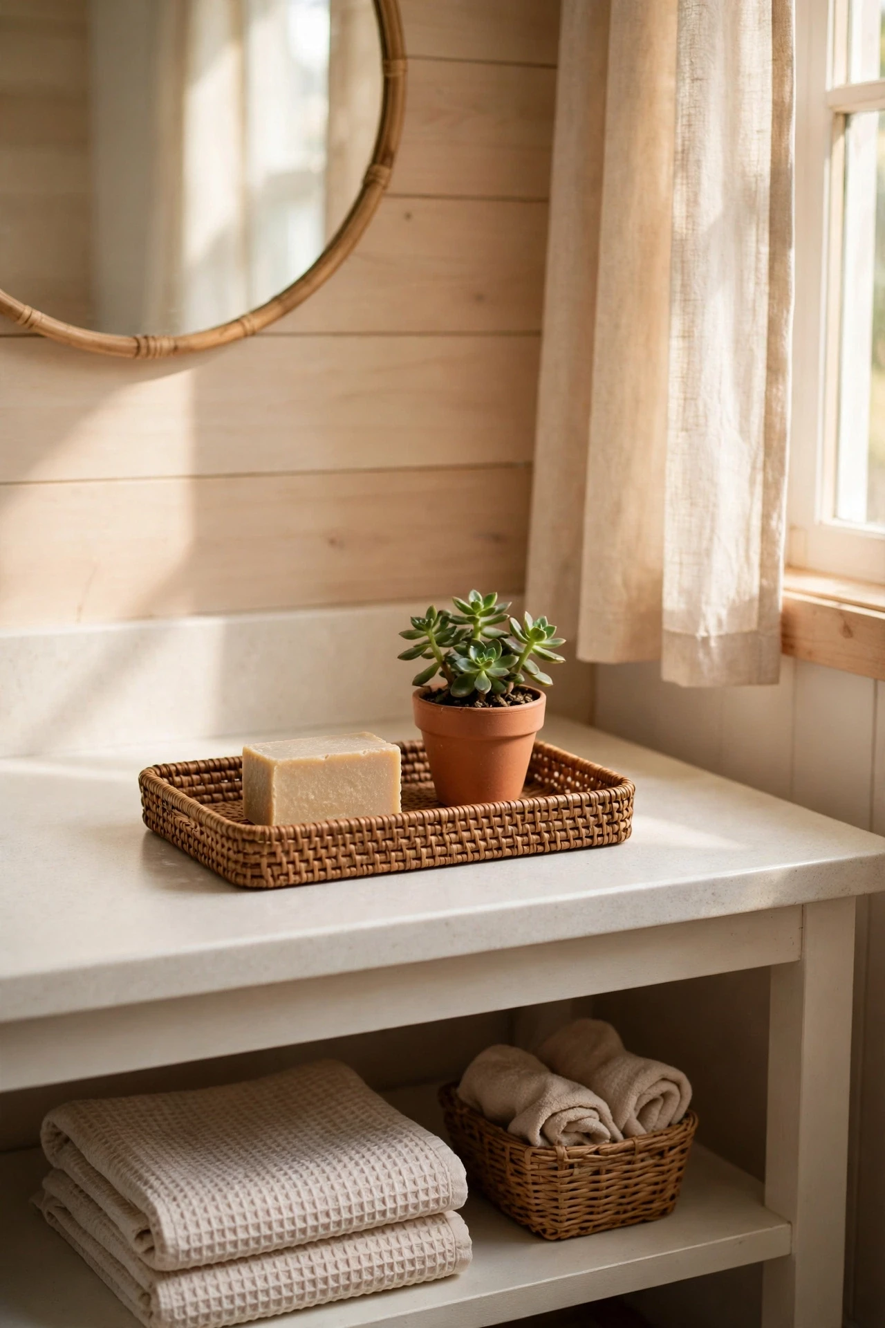 Clearing the counter to a single tray with soap and a small plant makes the bathroom feel calm, clean, and ready for guests.