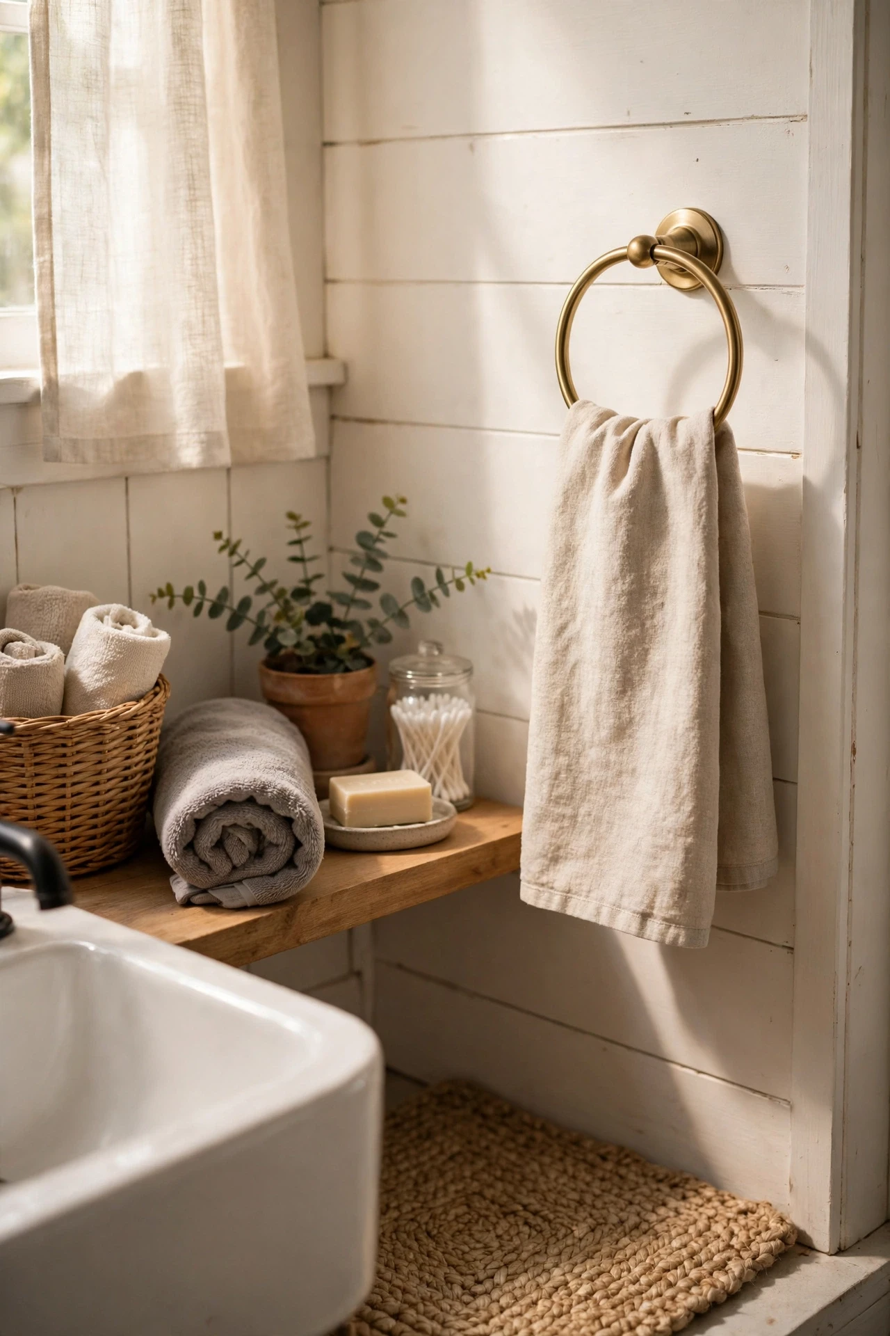 A dedicated hand towel ring for guests keeps their towel separate from yours, which feels cleaner and more thoughtful.