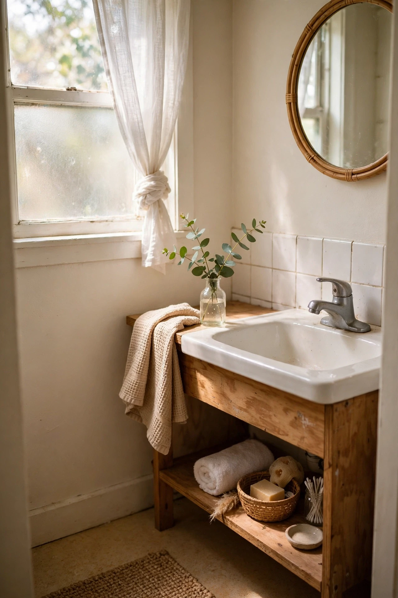 A small vase with a few fresh stems costs almost nothing and makes the whole bathroom feel alive and cared for.