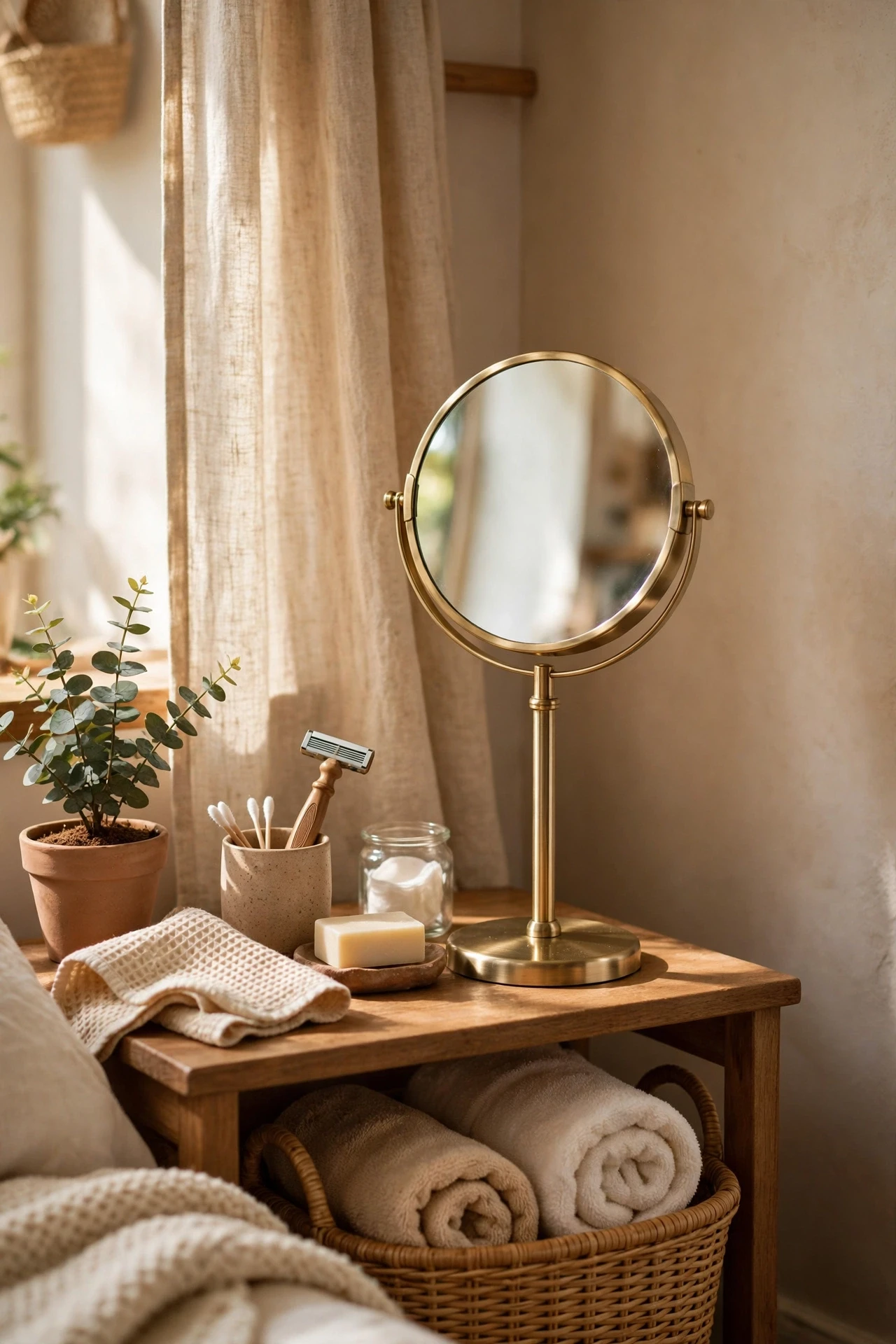 A freestanding magnifying mirror is a thoughtful extra for guests doing makeup or shaving away from their own bathroom.