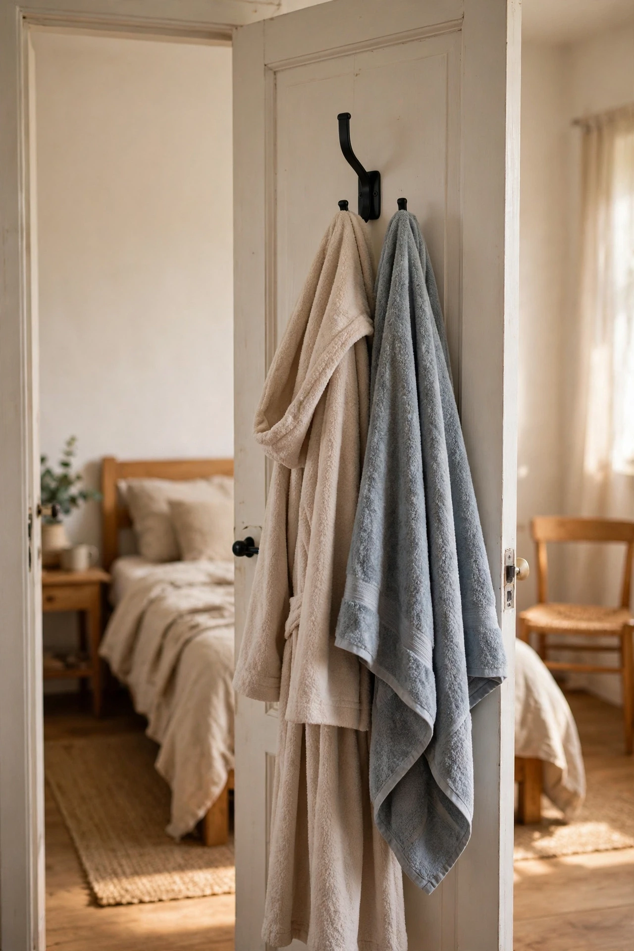 A sturdy hook behind the door gives guests somewhere to hang a robe or towel, keeping damp fabric off chairs and beds.