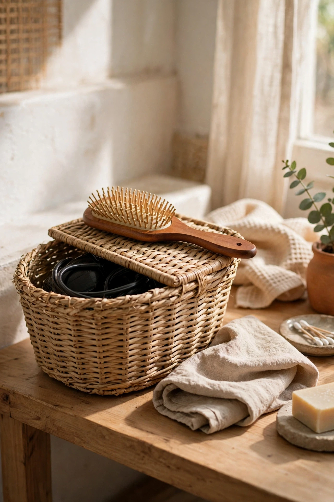 A hair dryer tucked in a basket with a brush covers the one item guests most often forget, and it keeps cords out of sight.