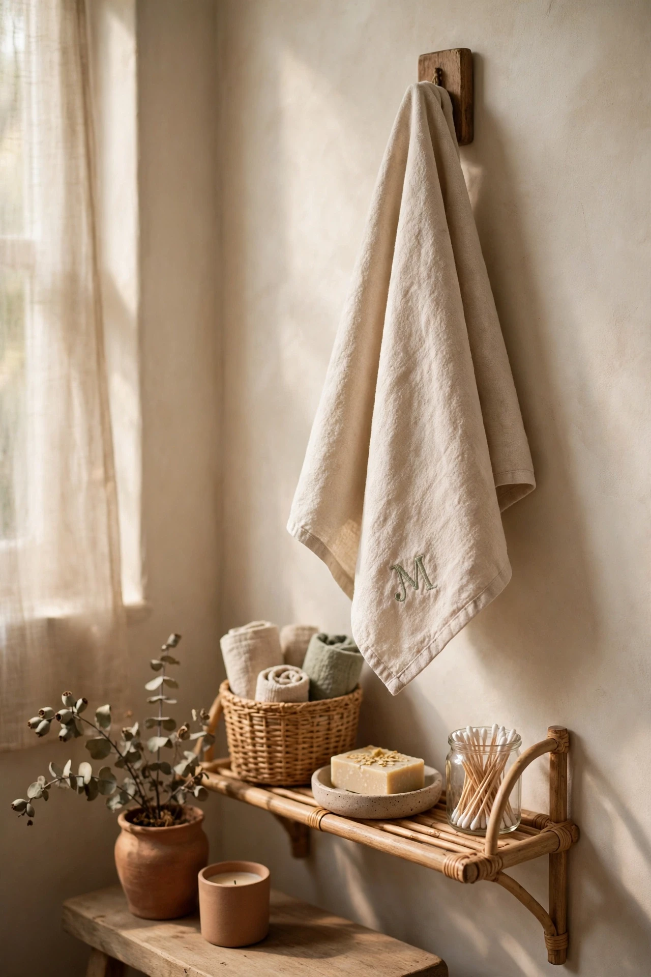 An initial-embroidered towel adds a personal, boutique feel, and it is a sweet detail guests often photograph and mention.