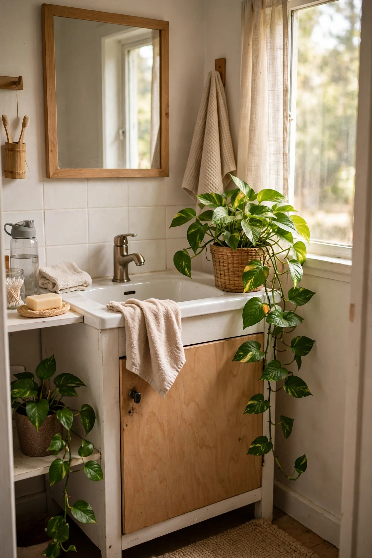 A humidity-loving plant like a pothos adds life to a bathroom and survives happily with almost no attention from you.