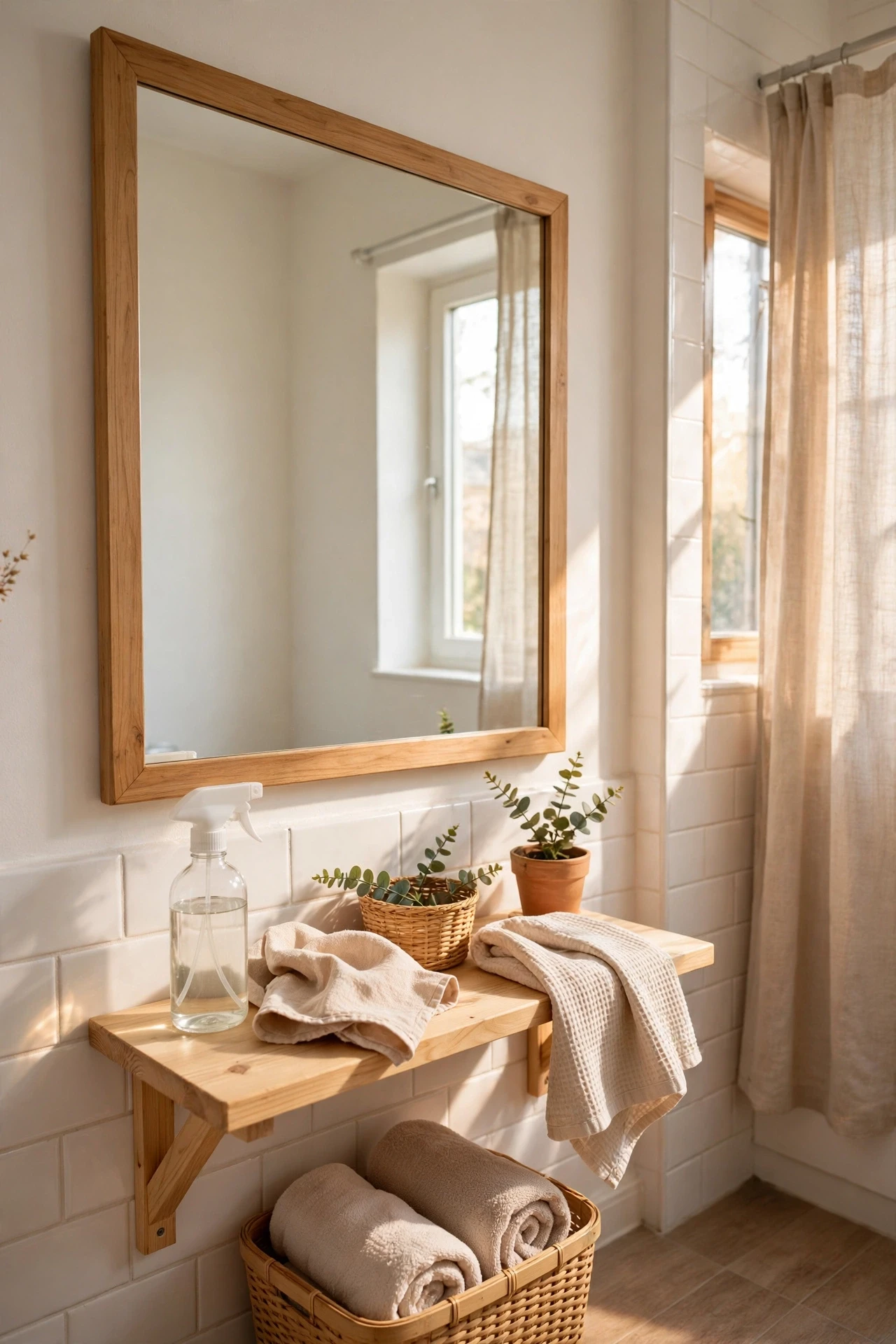 A streak-free mirror makes the whole bathroom look cleaner, and a quick vinegar wipe before guests arrive works wonders.