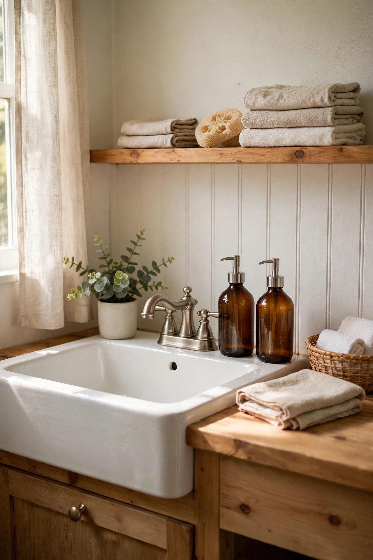 Matching dispensers replace a clutter of branded bottles and give the sink area the calm look of a well-run guesthouse.