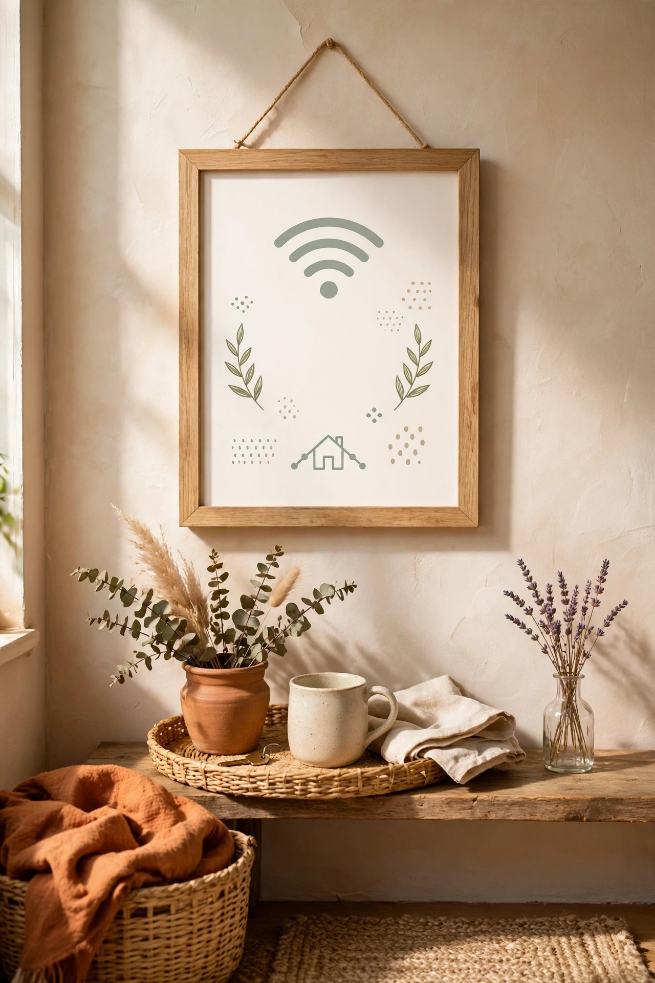 A framed Wi-Fi card on the wall or tray is practical and pretty, and it stops guests needing to ask for the password twice.