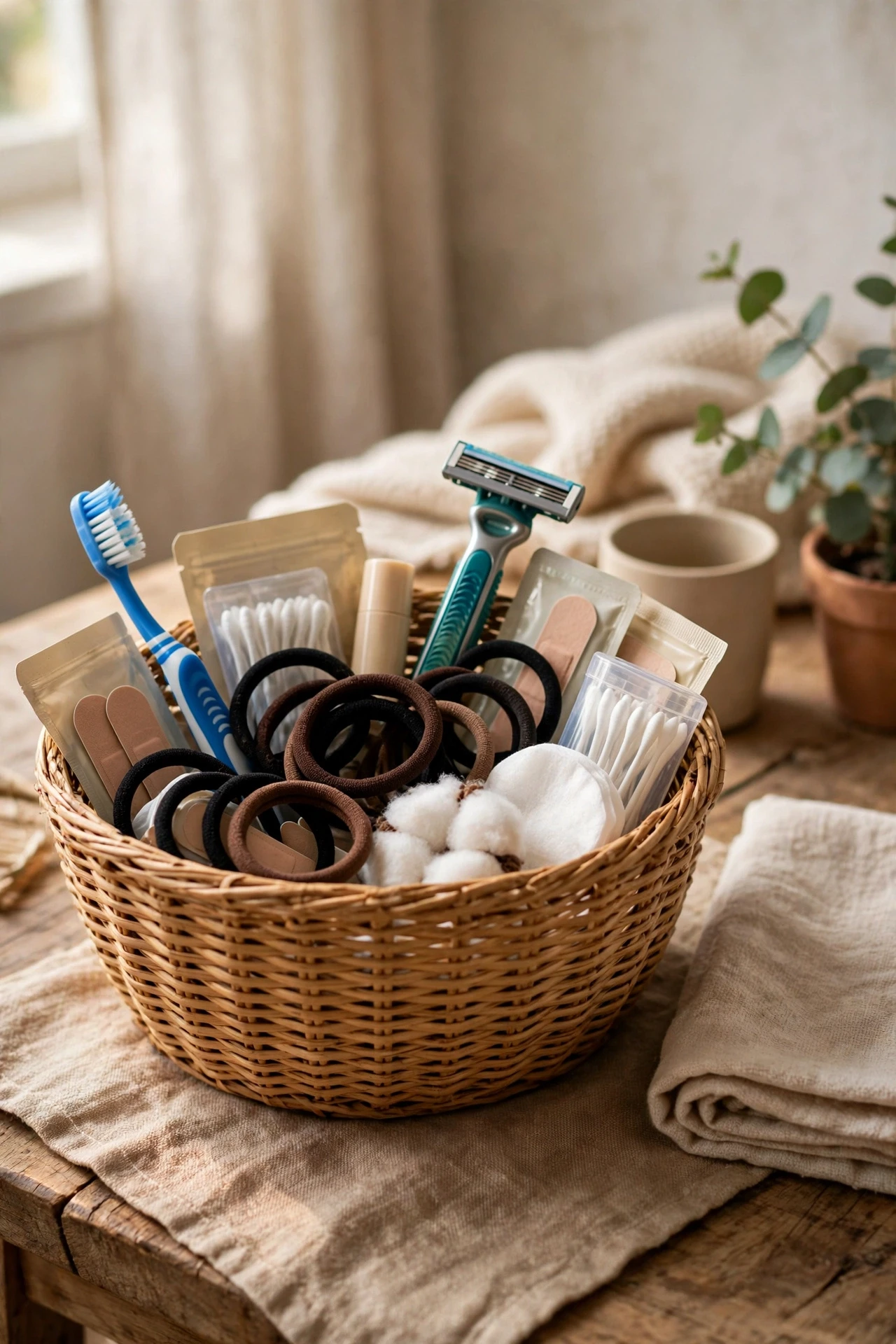 A basket with a spare toothbrush, razor, and hair ties covers every forgotten item and earns you grateful comments every time.