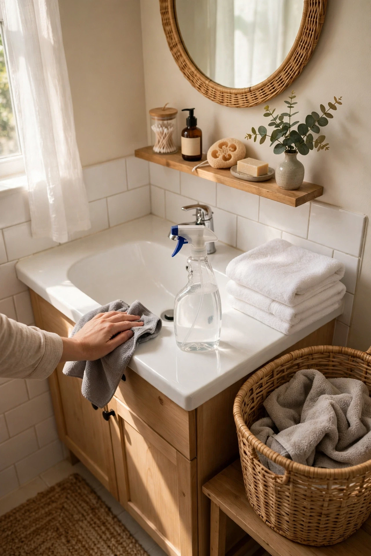 A ten-minute reset routine between guests, wiping surfaces and swapping towels, keeps the bathroom guest-ready without a deep clean.